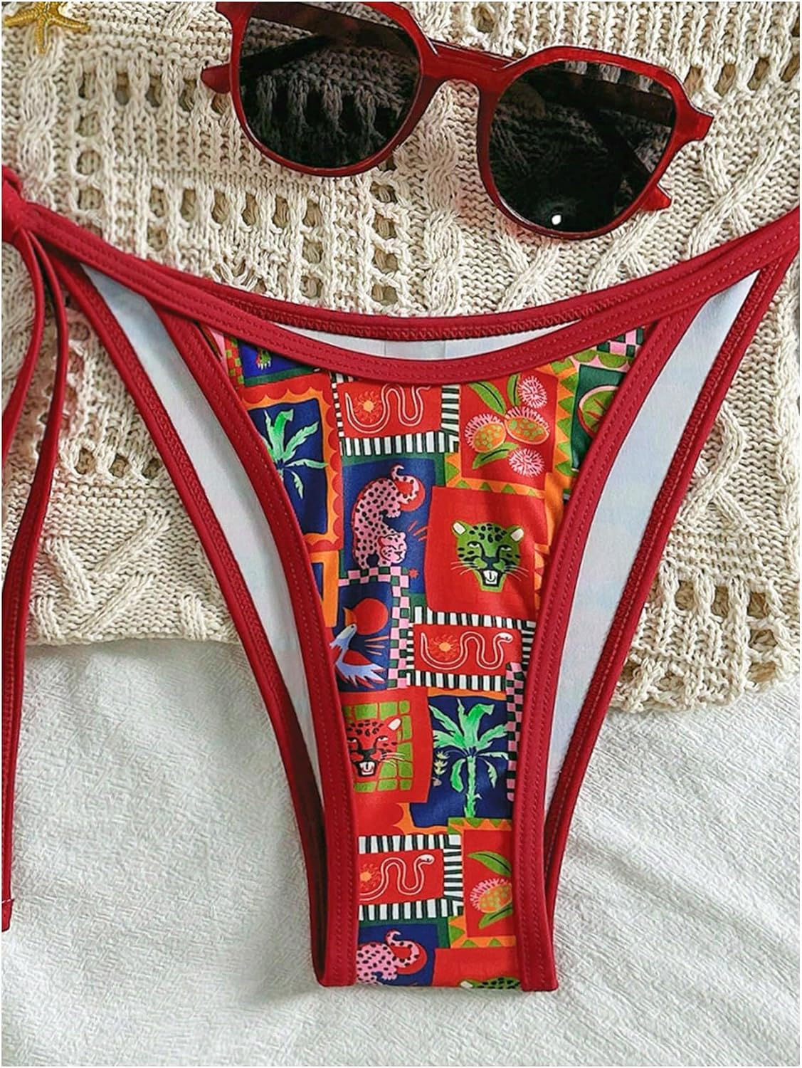 Verdusa Women's 2 Piece Boho Patchwork Halter Bikini Set Starfish Self Tie Triangle String Swimsuit Beachwear