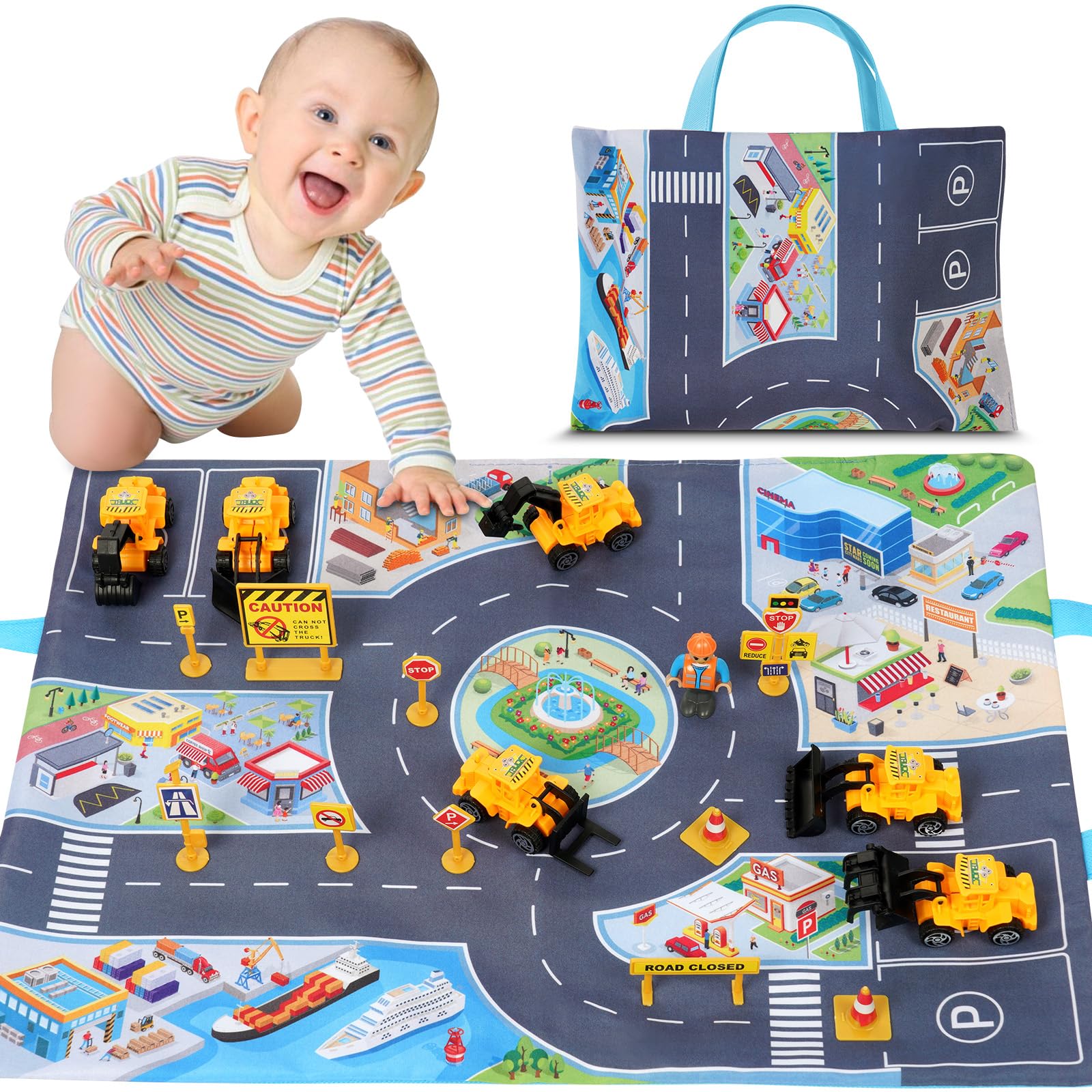 Aolso Truck Car Toyswith Playmat/Storage Bag, 18pcs Yellow Construction Vehicle Toy Set, Toddlers Mini Cartoon Car Toys, Baby Car Toy Pull Back Cars, Car Toys for 3-5 Years Old Boys Gifts