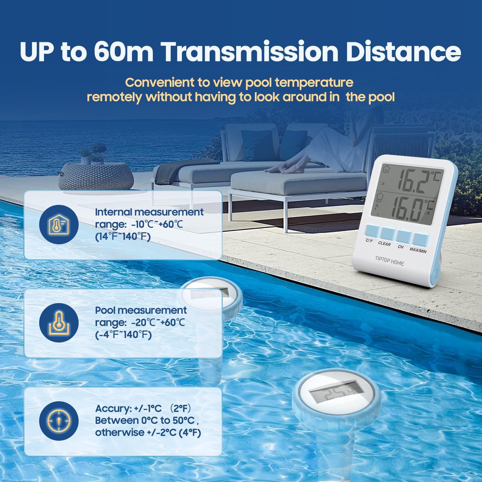 Pool-Thermometer, Kabelloses Schwimmendes Poolthermometer, Floating Pool Thermometer IP67 Wasserdicht mit Innentemperatur Feuchtigkeitsüberwachung für Schwimmbäder, Badewannen, Fischbecken, Teic