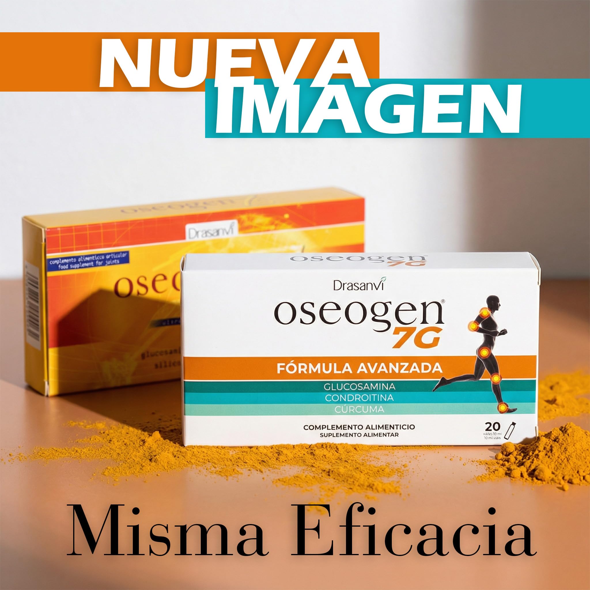 Drasanvi OSEOGEN 7G con Cissus Vitis, Condroitina, Glucosamina, MSM y Cúrcuma para Huesos, Cartílagos y Articulaciones,ayuda en la Regeneración de Tejidos Dañados, 20 Viales = 20 Días, Sabor Naranja