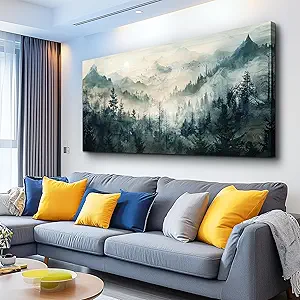 KELIYUAN Misty Forest Wall Art Home Decor Mountain View Large Canvas Wall Painting Nature Landscape Painting For Living Room Bedroom Office Modern Printed Artwork Can Be Hung Directly 24x48 Inches
