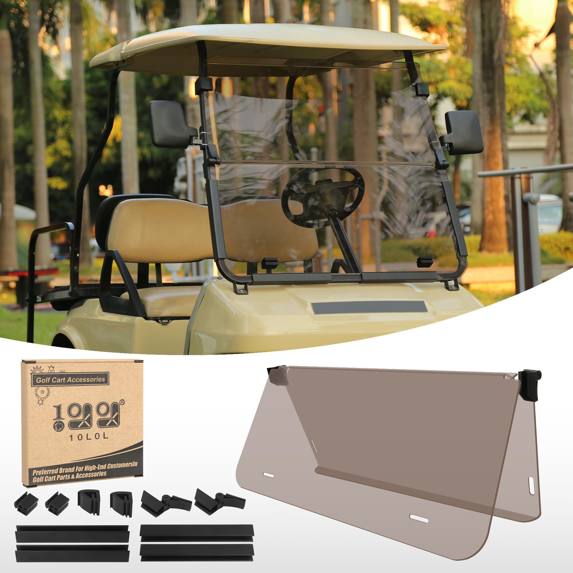 10L0L Golf Cart Windshield Fit for Club Car DS Gas & Electric 1982-2000 Years Models, Tinted, Shatterproof and Windproof, Smook HD, Foldable and Durable