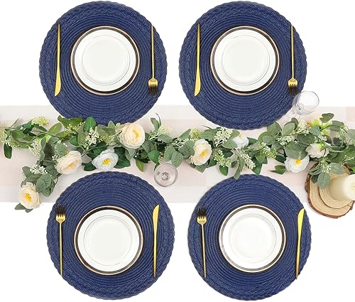 Miniatura 6 de SHACOS Juego de 6 manteles individuales redondos, de tela trenzada, lavables, de 15 pulgadas, para mesa de comedor, color azul marino