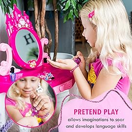 Toddler Vanity Set Play for Girls Vanity Playset with Mirror and Makeup Table for Kids Beauty Set with Fashion & Makeup Accessories