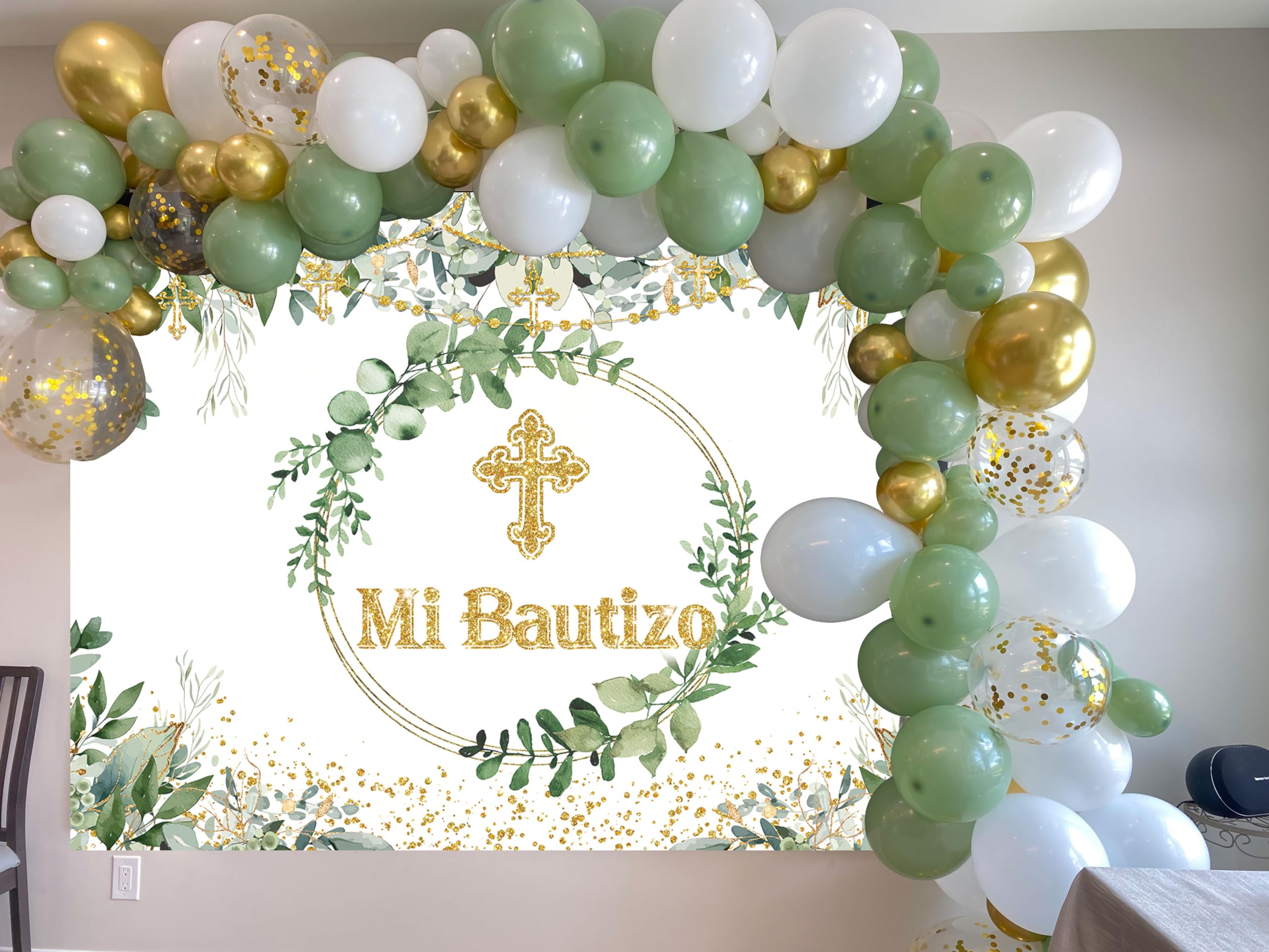 AIBIIN 7x5ft Mi Bautizo Backdrop God Bless Green And Gold Eucalyptus - View #9