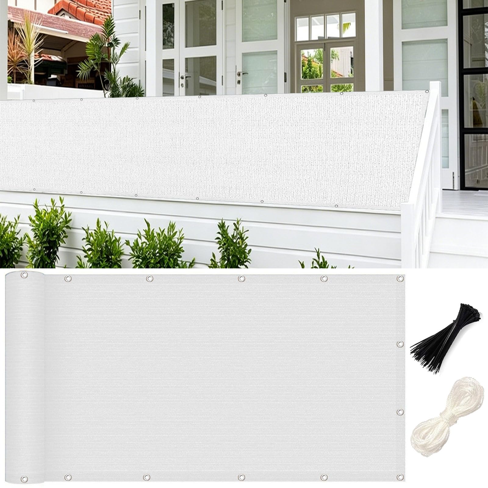 Filet d'ombrage blanc 105 x 880 cm avec attaches de câble brise vue balcon hdpe guojun jardin