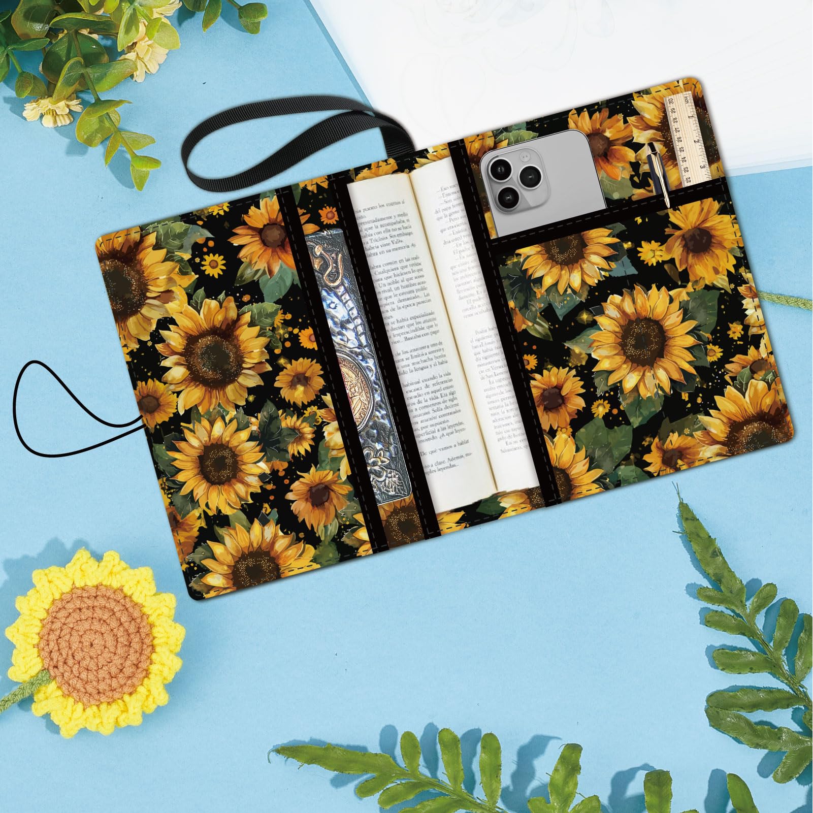 CRASPIRE Copertine per Libri A Forma di Girasole Protezione per Libri A Forma di Fiore Custodia per Libri Multistrato per Libri Tascabili Copertina per Libri in Tessuto Lavabile con Tasca Extra