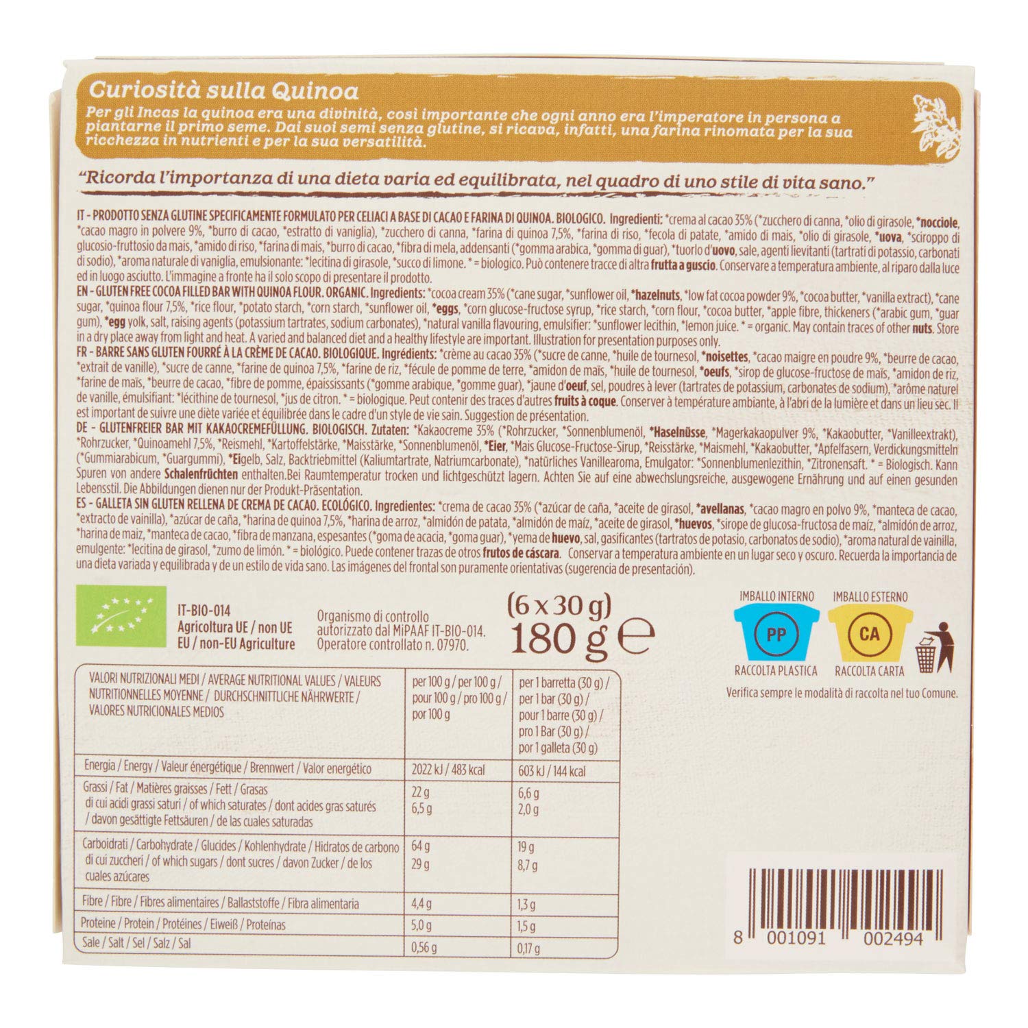 Germinal Barrita de Quínoa Rellena de Crema de Cacao sin Gluten Bio Germinal, 180g