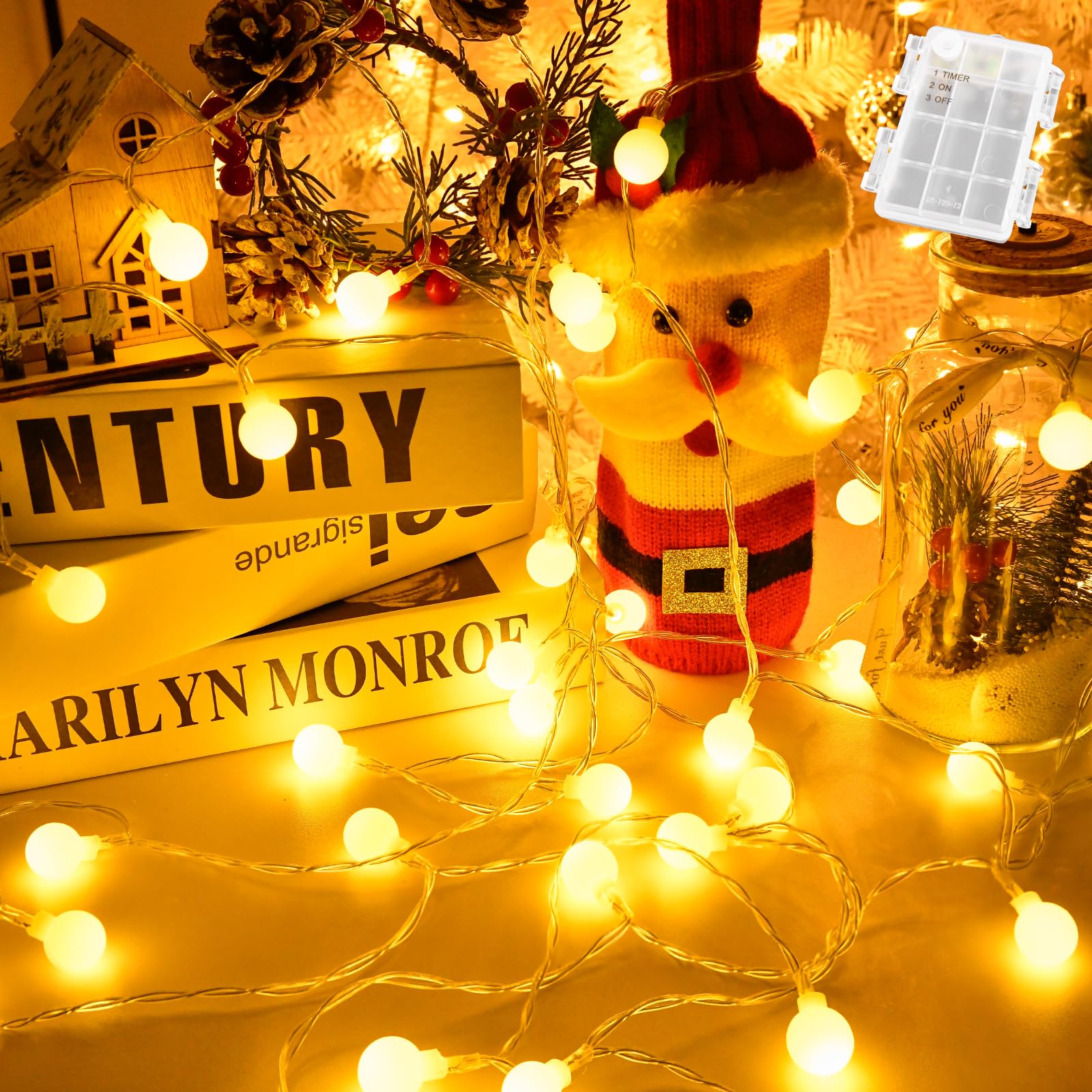 Gcstnn Lichterkette Batterie Außen 3M 20 LED Warmweiß Globe Lichterkette mit 6h Timer, IP65 Wasserdicht Kugeln Lichterketten für Schlafzimmer,Balkon, Kinderzimmer, Weihnachts baum Deko