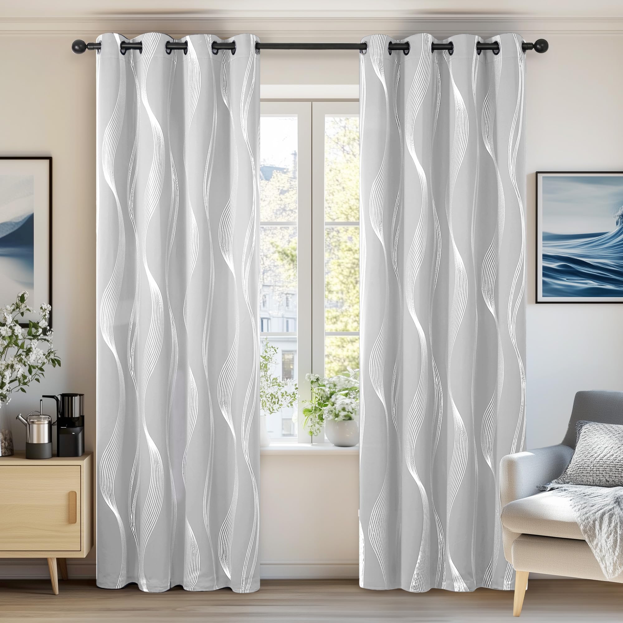 Deconovo Cortinas Opacas Diseño Líneas Onduladas Plateadas para habitación con Ojales 2 Piezas 140 x 240 cm Gris Perla Global Recycled Standard OEKO-TEX STANDARD 100 Global Recycled Standard Global Recycled Standard