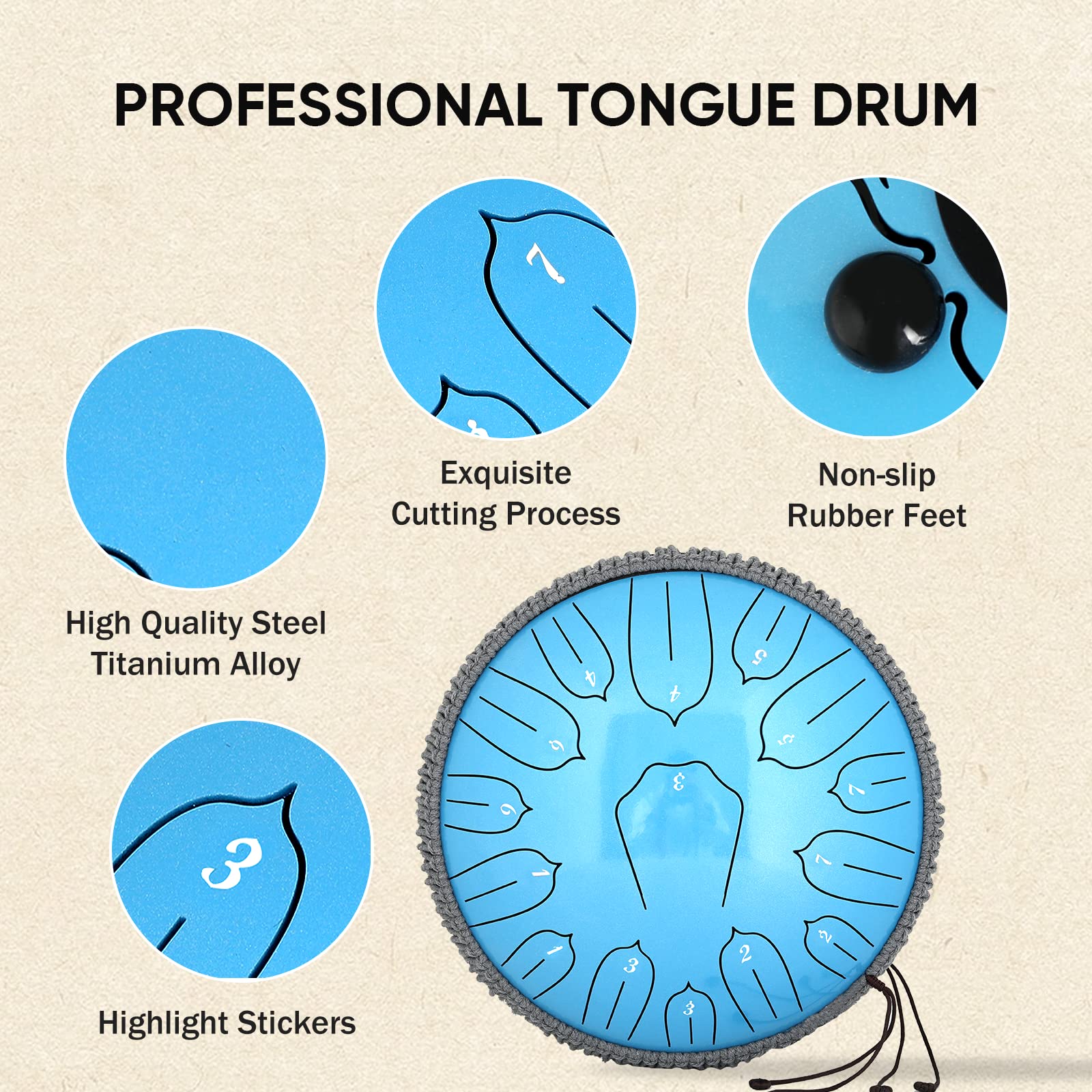 Steel Tongue Drum for Adults: Music Instrument Handpan Drums Set 15 Notes 12 Inch with Bag and Music Book - Healing Percussion Musical Instruments for Meditation Yoga (Blue) | Hand Pan Instrument mit Musikbuch Schlägel Tragetasche für Musikerziehung Medit