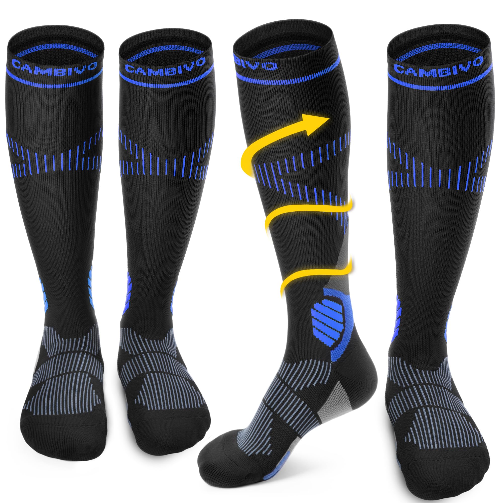 Cambivo Unisex Black/Blue 2 Pairs Compression Socks For Women & Men, 15-20Mmhg Flight Socks, Graduated Support For Plantar Fasciitis Relief, Running, Pregnancy, Nurses, Travel Essentials