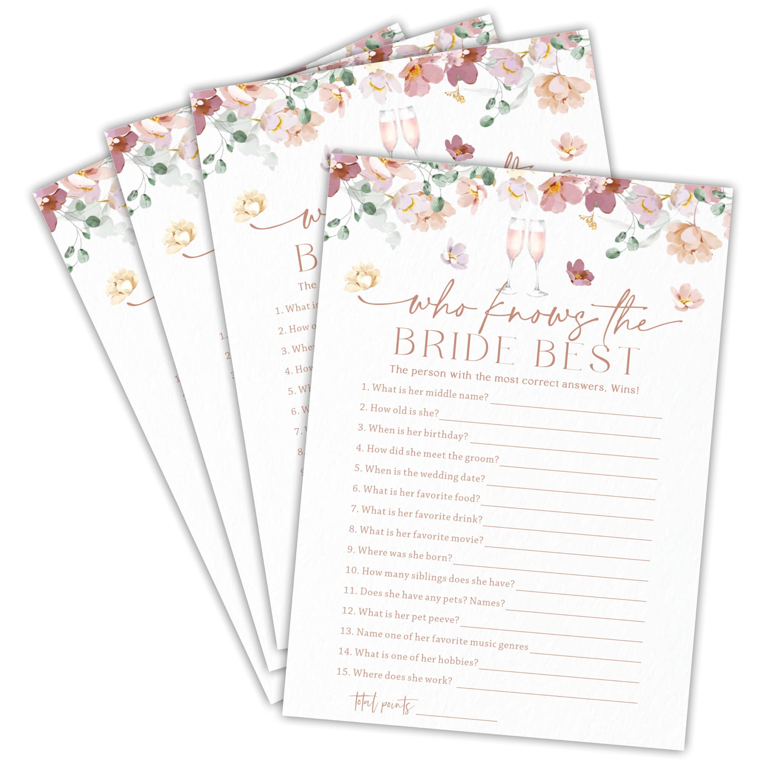 Who Knows The Bride Best Bridal Shower Game - Kwiatowy i szampański - 30 szt. akwarelowe dwustronne karty do gry weselnej dla nowożeńców, zajęcia i dekoracje na przyjęcie zaręczynowe - C06