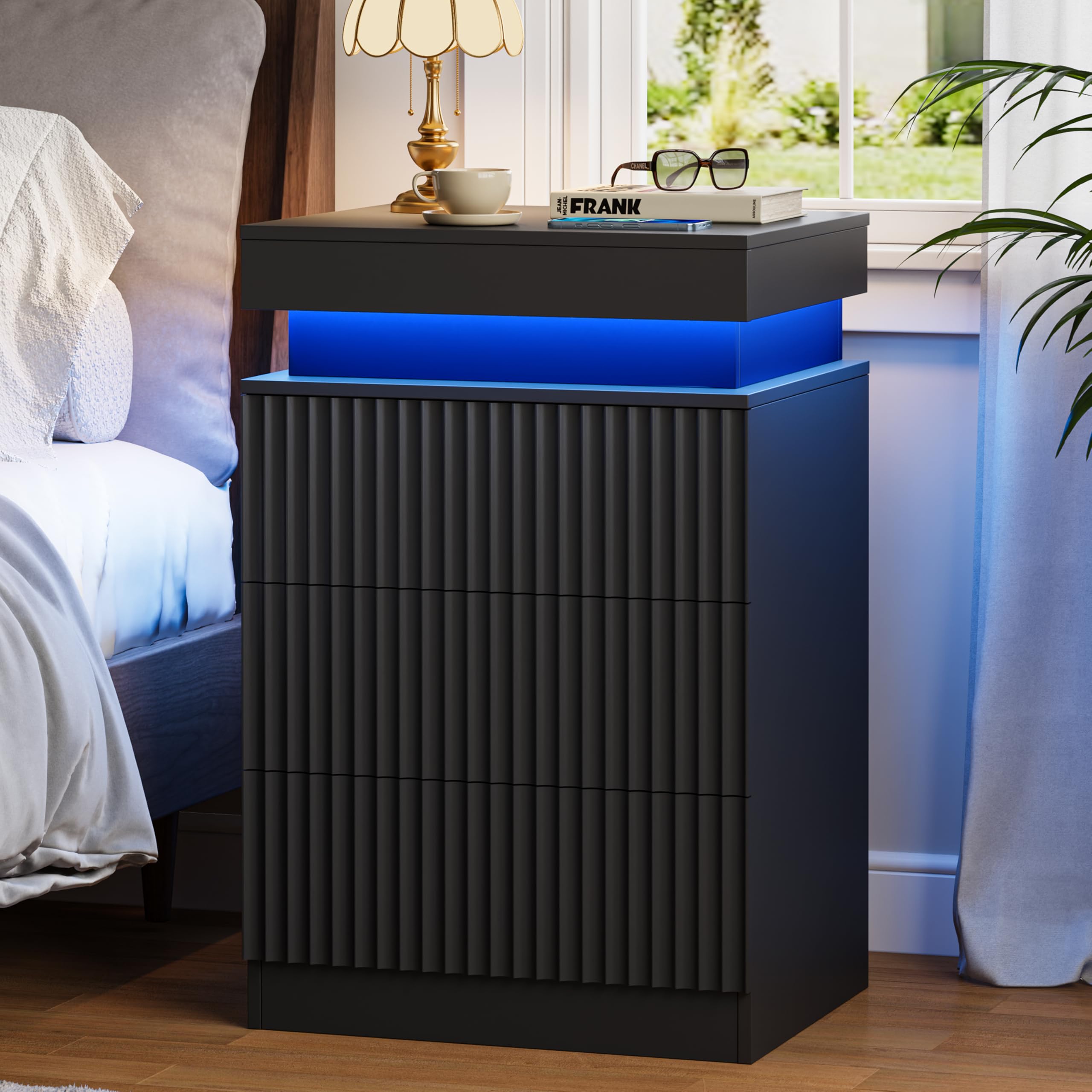 Fluted LED Night Stand with Charging Station, Black