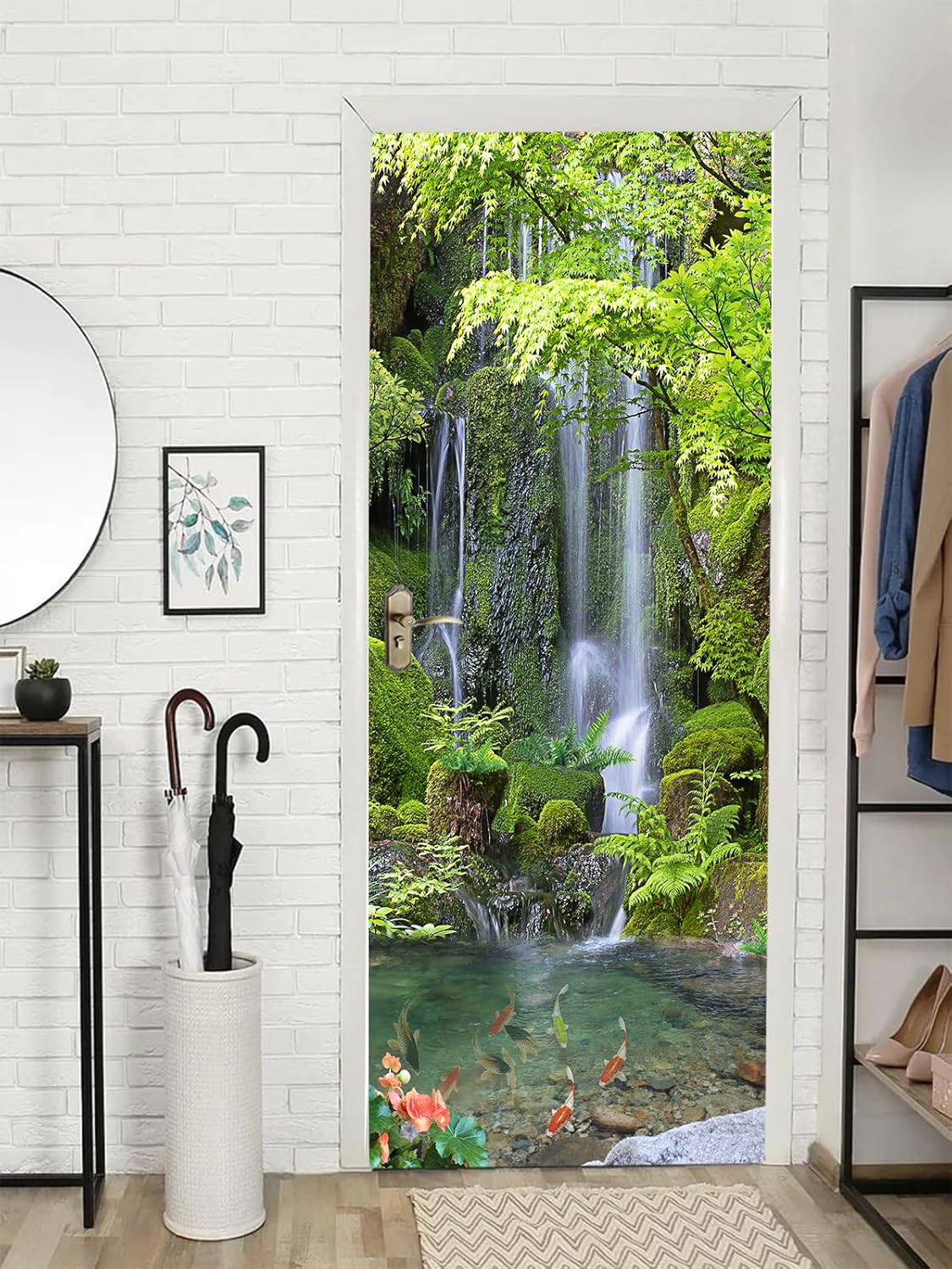 artfanke 3D Peel and Stick Door Sticker 33.5"x84.6"-Self-Adhesive Door Murals Wallpaper-Green Forest Waterfall Wall Decal for Home Decor (2 Sheets/Set)