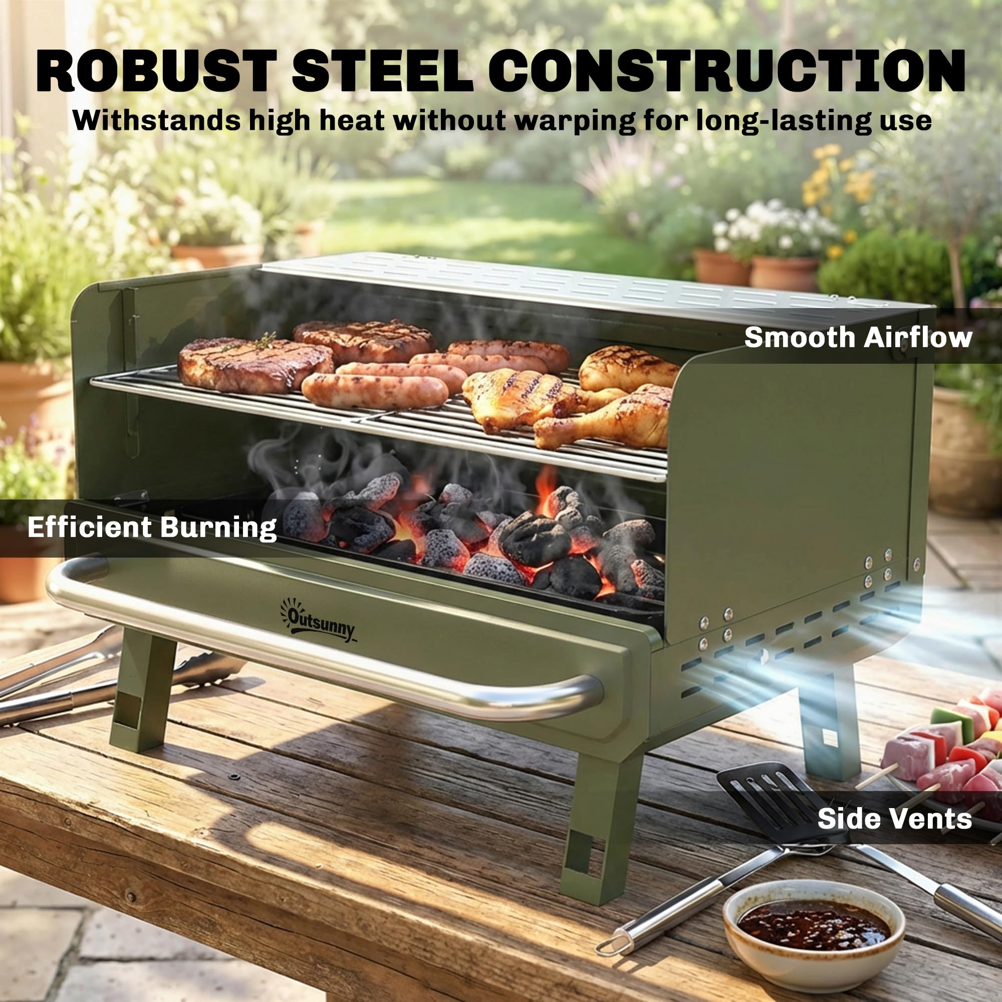 Outsunny Portable BBQ Grill, Charcoal Barbecue Grill with Adjustable Grates, Foldable Legs and Side Shelf for Camping Hiking Picnic Travel Garden Outdoor Cooking, Green - 3