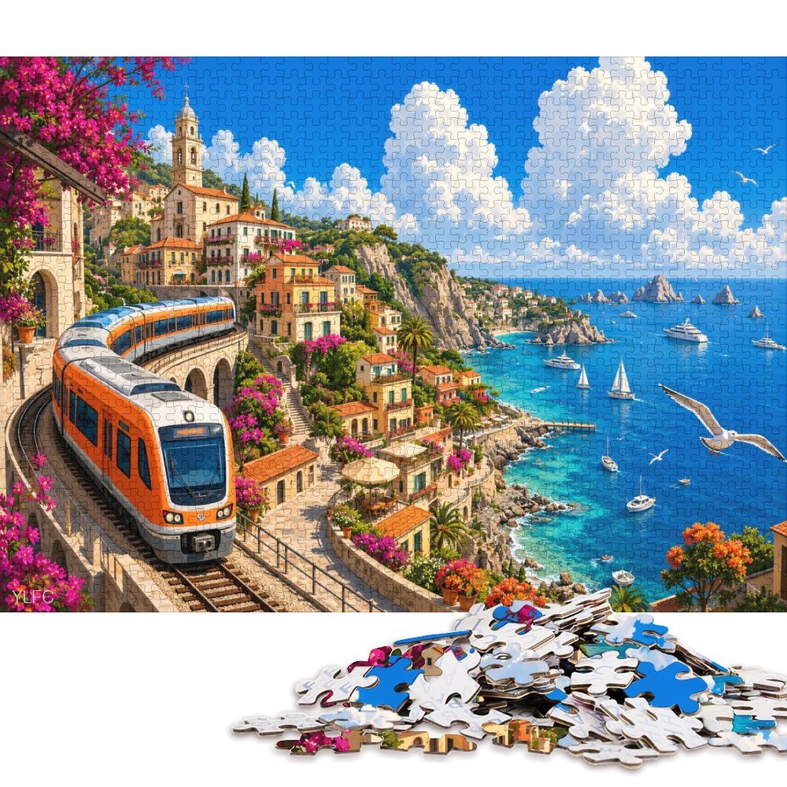 Amalfi Coast Train 1000 Piece Wooden Jigsaw Puzzle,Stress Relief,Impossible Challenge,Adults & Kids 14+,Home Wall Decor,Gift Idea,Wood,Educational Toy (75x50cm)