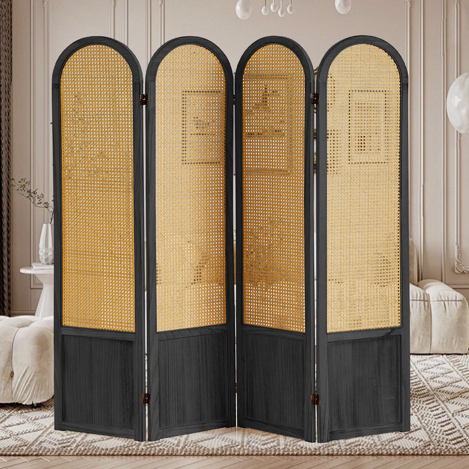 Leesinwing 4 Panel Rattan Room Divier, Room Divider Panel and Folding Privacy Screens, Room Divider Wall, Solid Wood Frame, Partition Room Dividers,