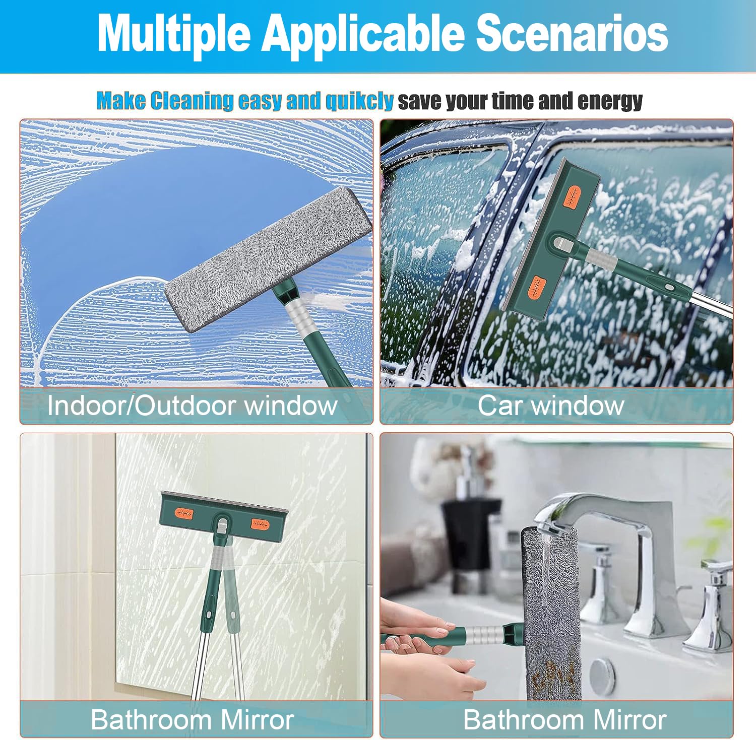 Limpiacristales 2 en 1, 210 cm Profesional Limpiador de Ventanas con Mango Telescópico y Cabezal Giratorio, Limpiacristales para Ventanas Altas, Ducha, Vidrio, Automóvil