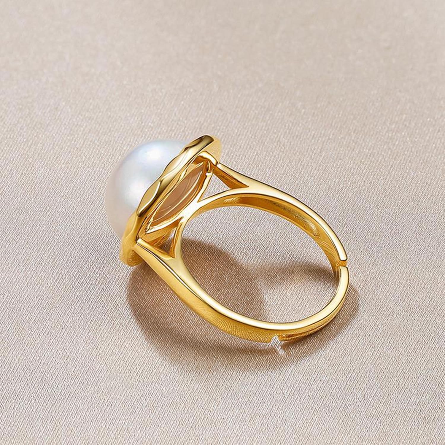 RVLA 18k Gold Plated S925 Sterling Silver 13-14mm Cultured White Mabe Pearl Adjustable Ring