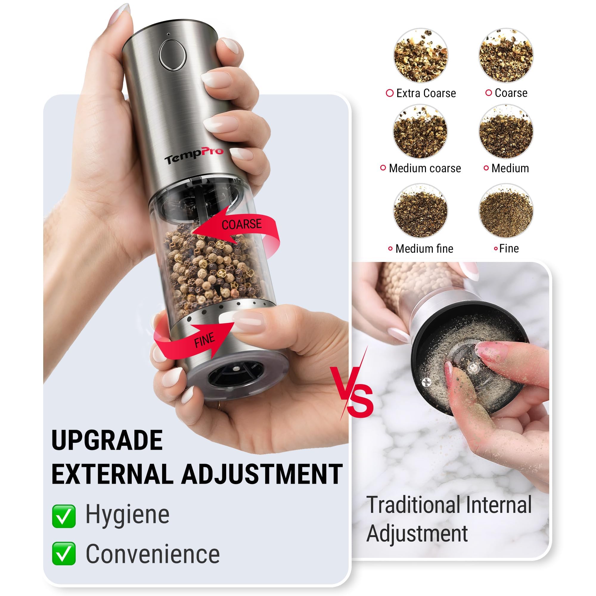 TempPro Electric Salt & Pepper Mills - Rechargeable & Easy! -4