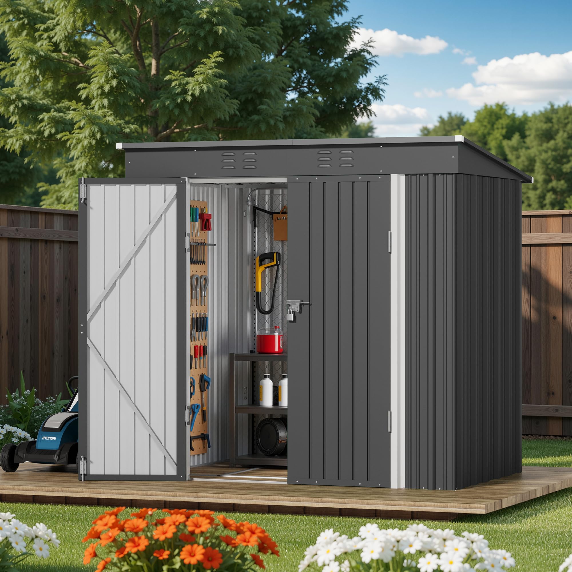 Abri de Jardin Métal 195 x 131 x 181 cm (2,55 m²),Gris | Cabanon de Rangement en Acier Galvanisé avec Fondation et Portes Verrouillables, Jardin Terrasse