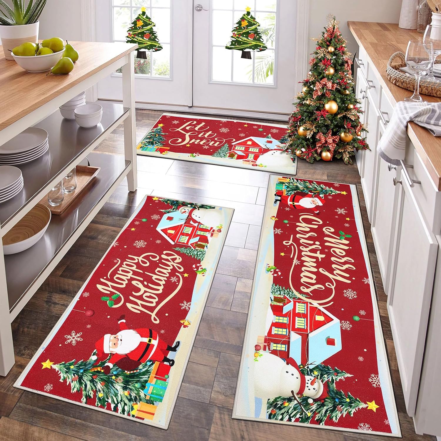 Topotdor Christmas Kitchen Rugs Sets 3 Pieces, Santa Claus