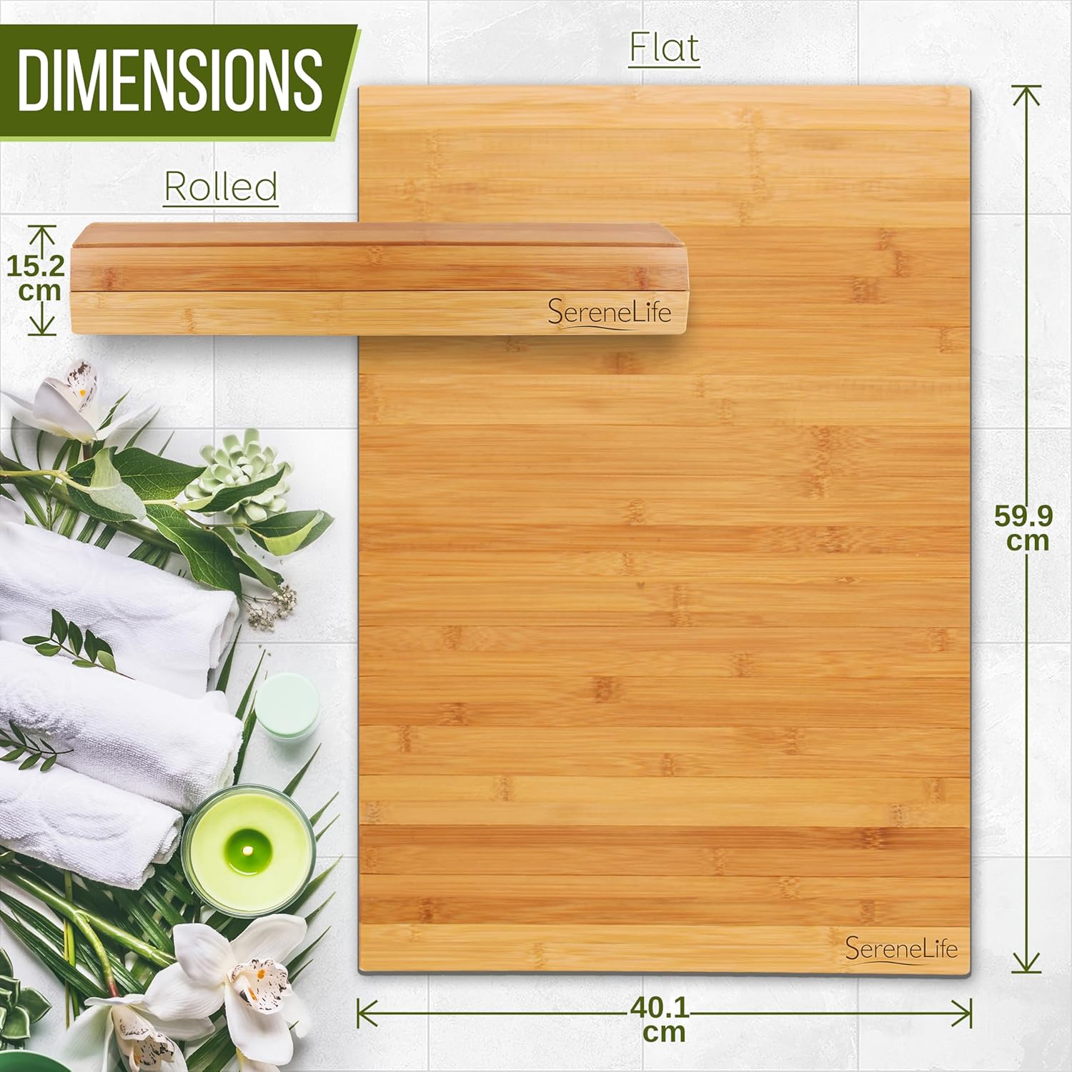 Bamboo Bath Mat Floor Rug - Waterproof and Weather Resistant Natural Wood Bathroom Shower Foot Carpet with Multi-Panel Strip Foldable Roll Up Non Slip Fabric for Indoor Use - SereneLife SLFBMT20