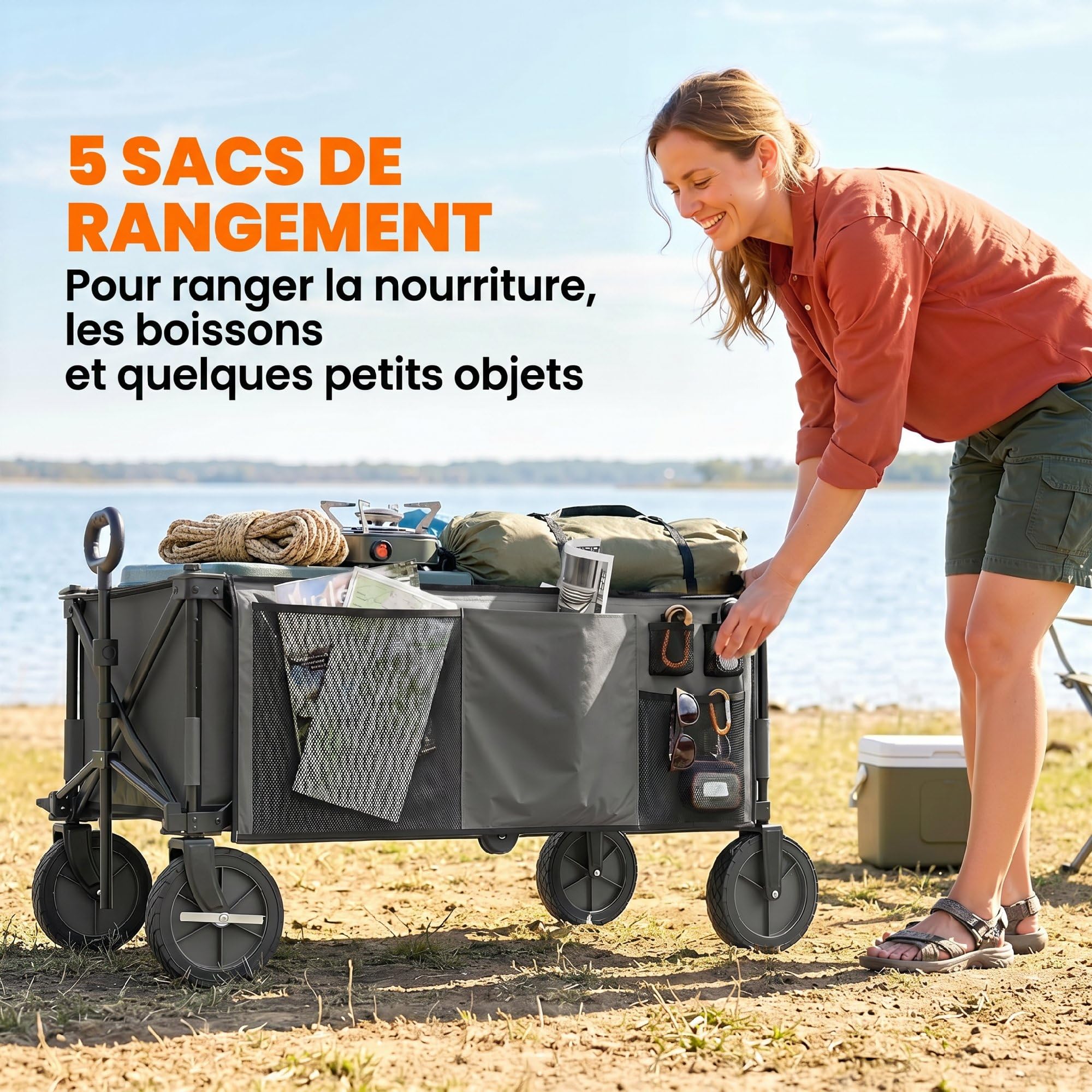 Outsunny Chariot de Plage Pliable 4 Roues, 108 x 55 x 93 cm Gris Foncé | Chariot de Transport, Bâche Amovible, Poignée Télescopique, Inclinaison Réglable, Plateau Pliable, 5 Sacs de Rangement