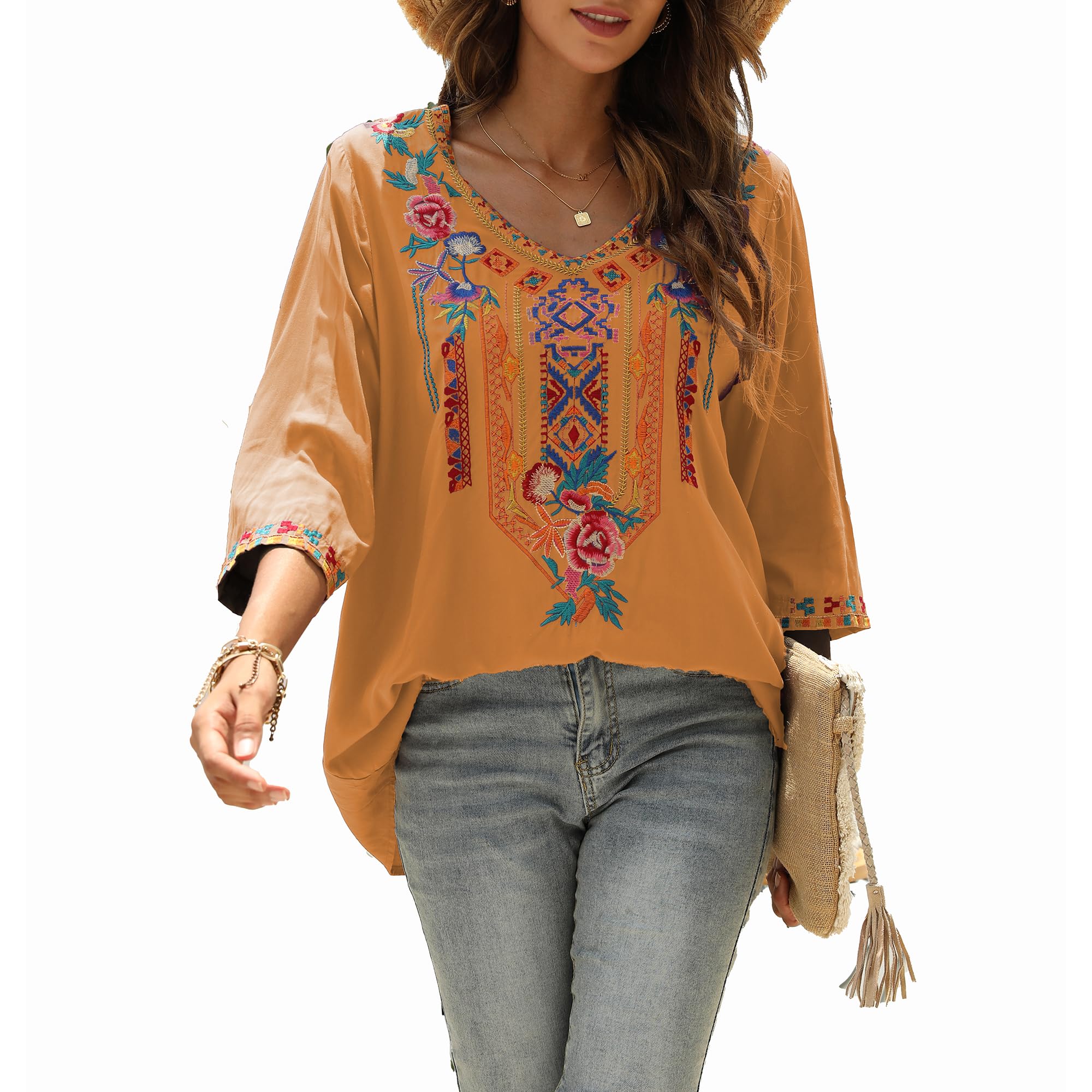 Hippie Vêtements Dames Bohème Folklore Broderie Blouse Manches 3/4 Col V Tunique D'été Haut Décontracté(328,Couleur Orange,2XL)