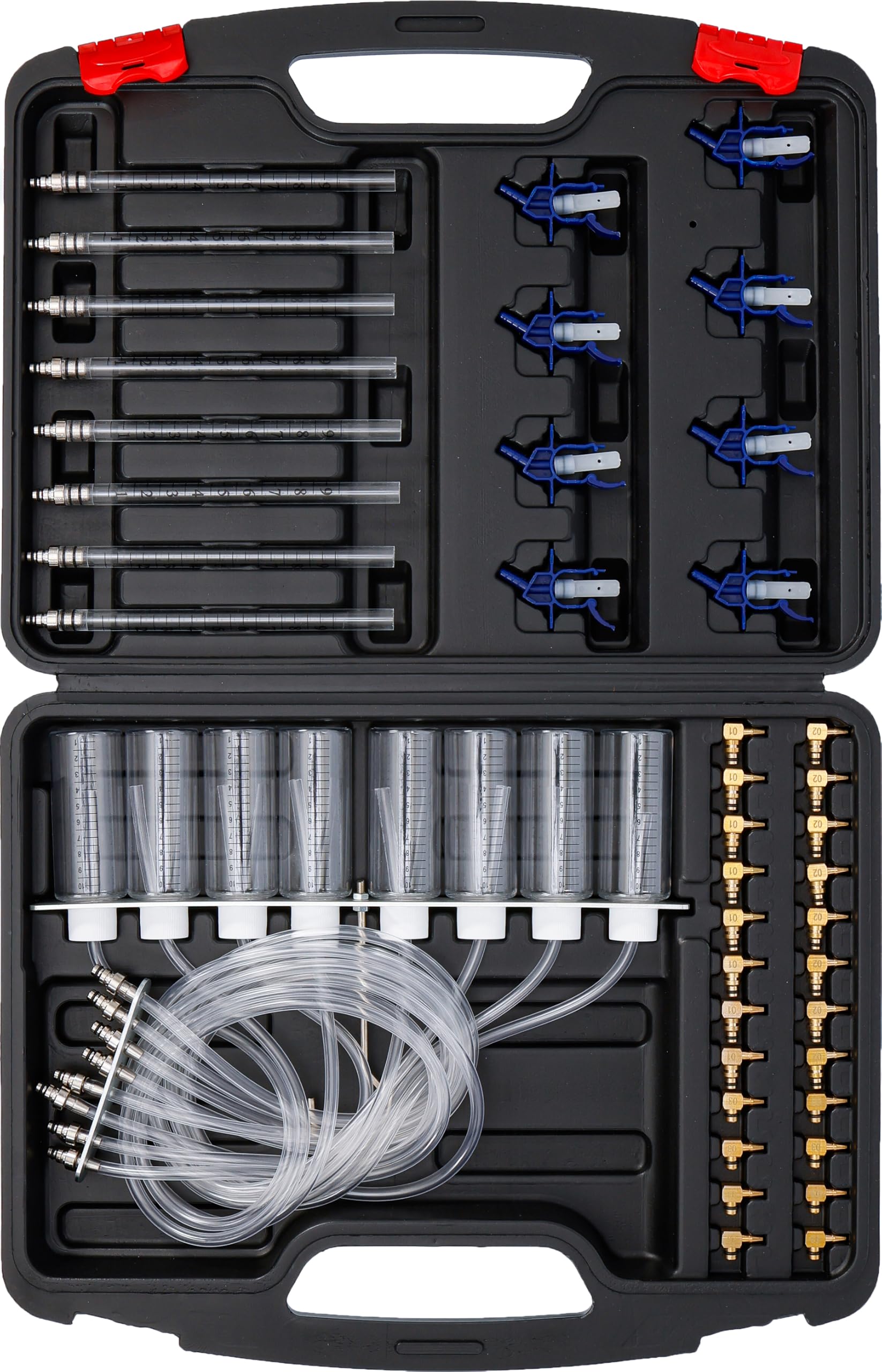 BGS Diy 98106 | Common-Rail-Tester | 32 Adapter | bis zu 8 Einspritzdüsen | Rücklaufvolumen über Glaskolben oder Messbehälter | Adapter für Denso C3, C1, Siemens C3, Delphi, Bosch