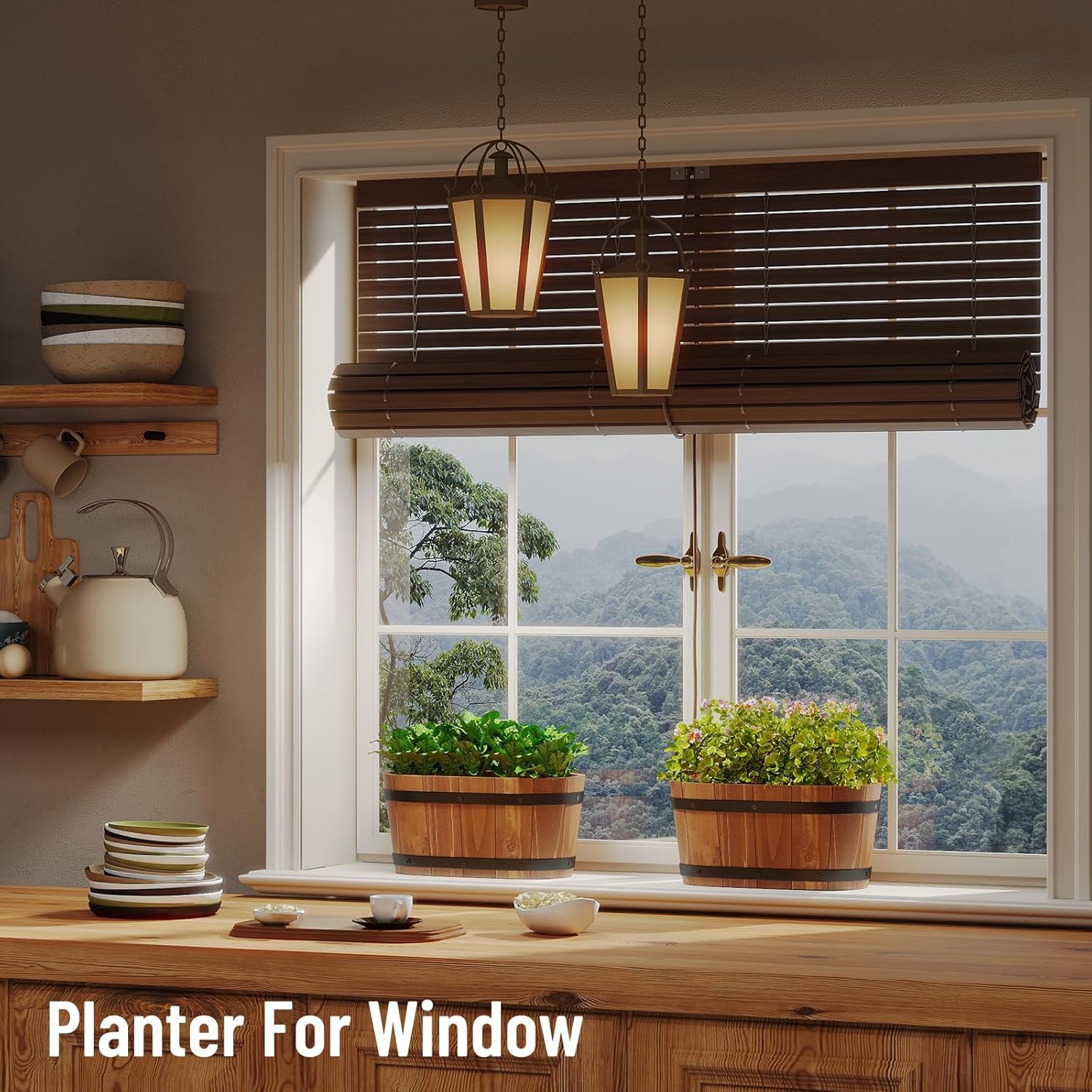 Hanging Wooden Flower Pots, Railing Planter for Any Balcony, Porch or Deck Countryside Style with Detachable Hooks for Garden Yard Home Decor (Brown)