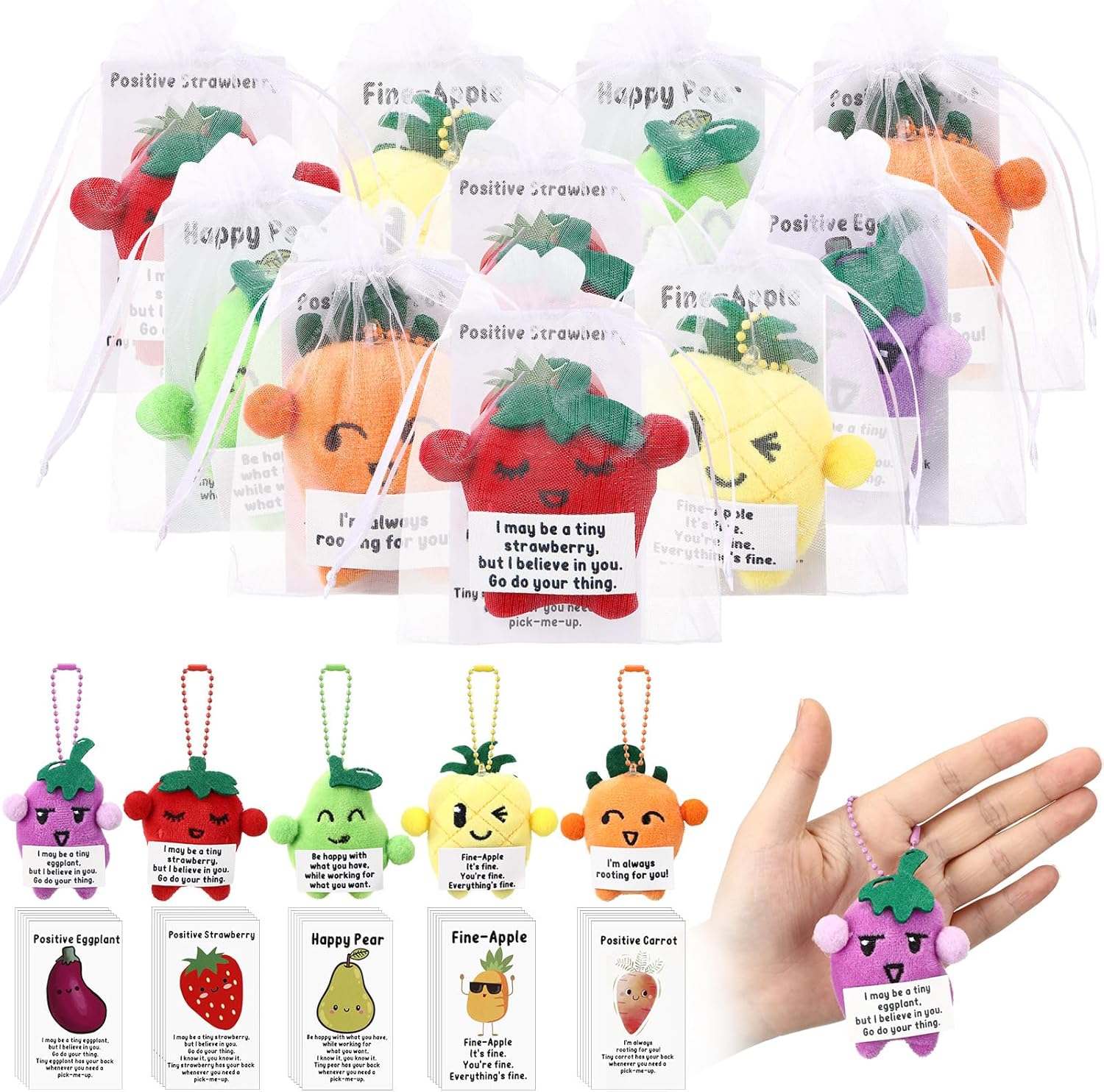 Hotop 60 Sets Positive Stuffed Dancing Fruit Vegetable Plush Keychains Thank You Card Appreciation Gift Bulk for Employees Coworkers