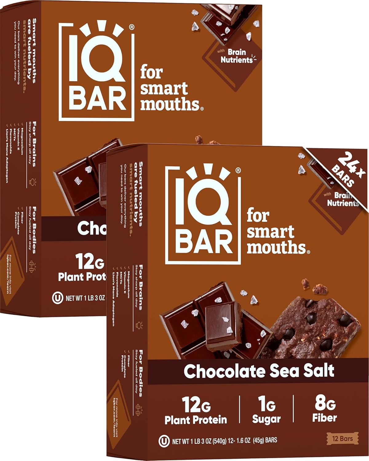 IQBAR Clean Plant Protein Bars - Chocolate Sea Salt - 24 Count - Keto, Vegan, High Fiber, Gluten and Dairy Free, Low Sugar Snack - Brain and Body Nutrients for Focus, Energy, Meal Replacement