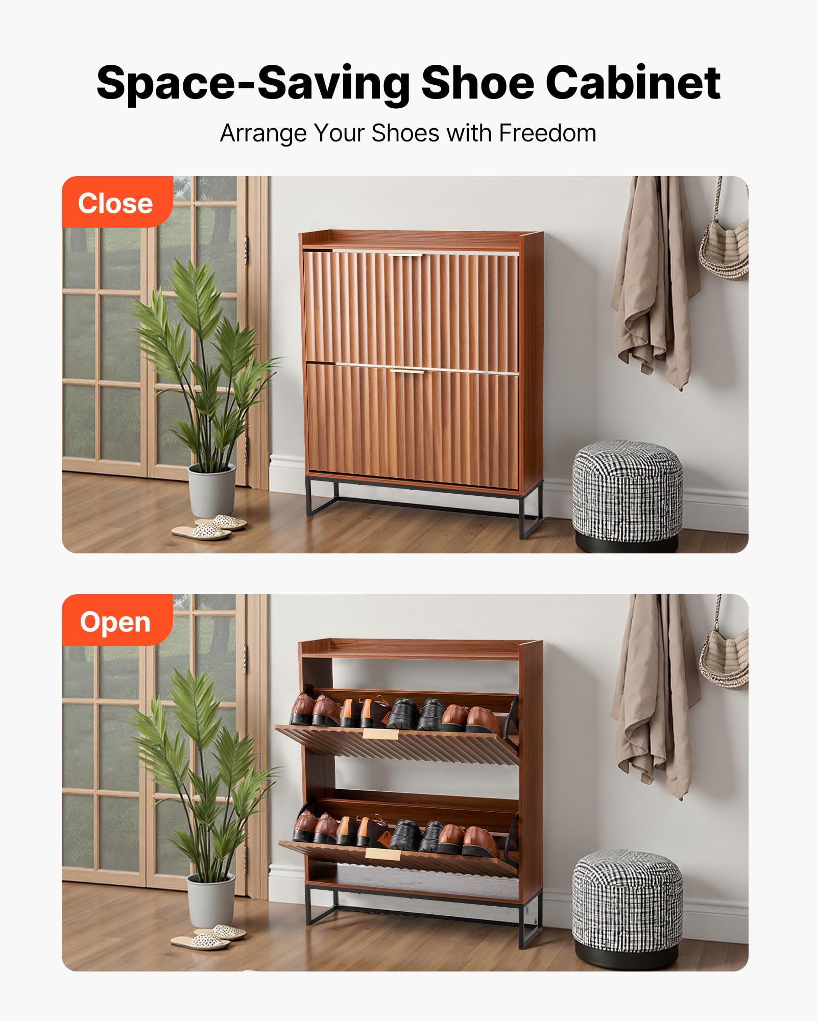 VEVOR Meuble à Chaussures avec 2 tiroirs rabattables, Armoire de Rangement cannelé à Chaussures de Style Milieu de siècle avec Dispositif Anti-basculement, pour entrée, Couloir, Chambre, Salon, Noyer