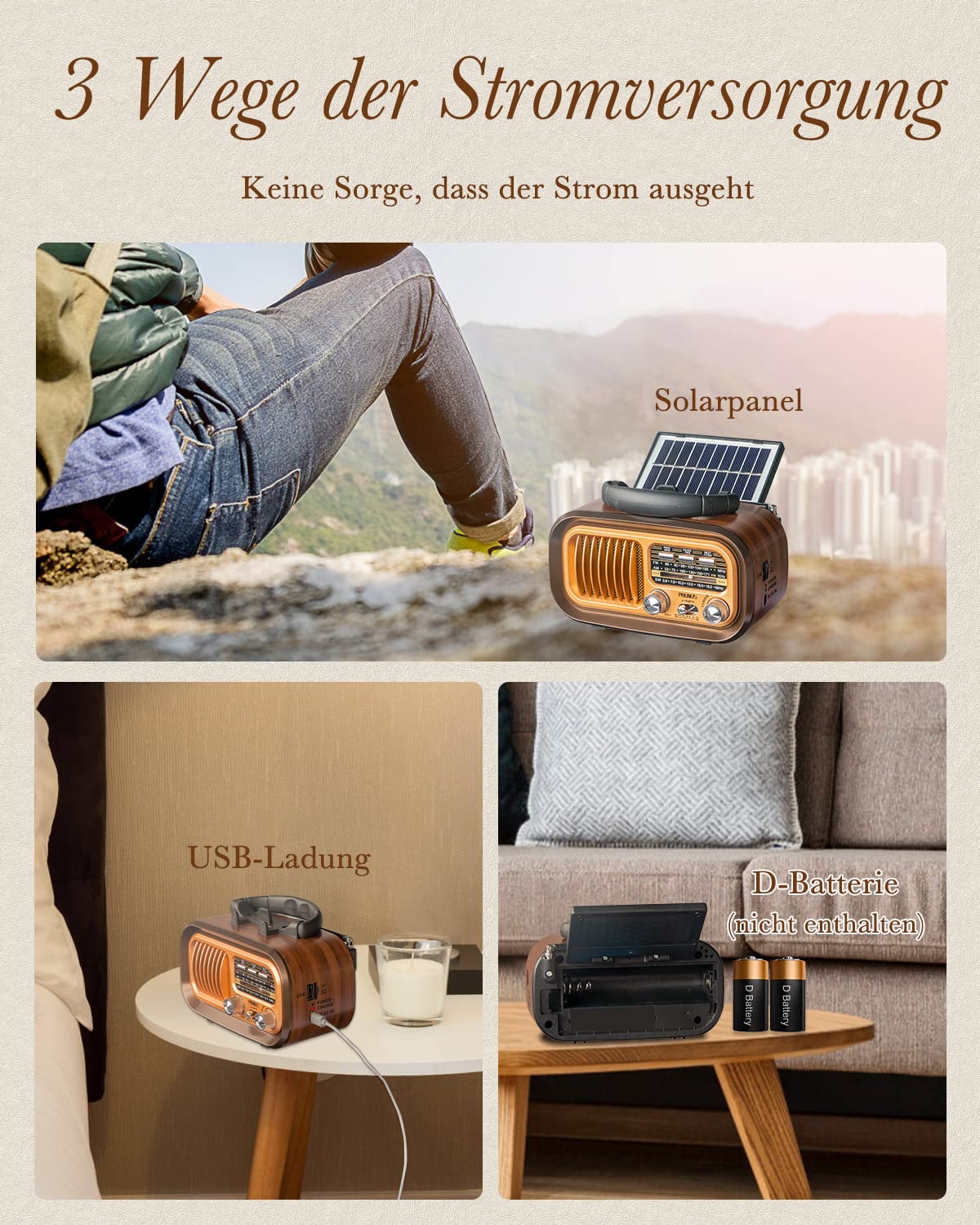 PRUNUS J-150 AM/FM/SW Retro Radio Klein, Vintage Radio Betrieben mit 1200mAh Akku oder D-Zellen Batterien, Mit Solarpanel, Kofferradio mit Bluetooth Unterstützt USB/TF-Karte Funktion (Gold)
