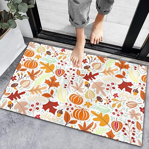 Bath Rugs Entrance Non Slip Front Door Mat Fall Maple Leaf Pumpkin Seamless Kitchen Carpets Autumn Thanksgiving Harvest Floor Mats for Bathroom
