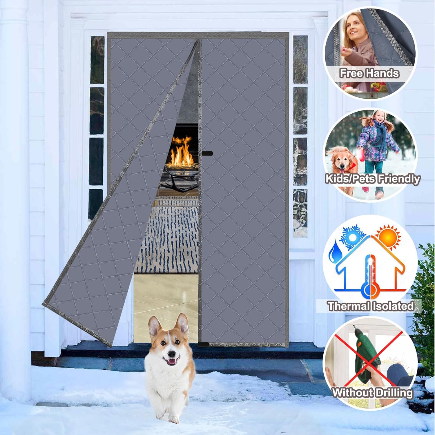 Magnetic Thermal Insulated Door Curtain 30x80inch, Grey Oxford Filling with Thicker Polyester, Patio Door Insulation for Winter Cold Protection, Doorway Cover