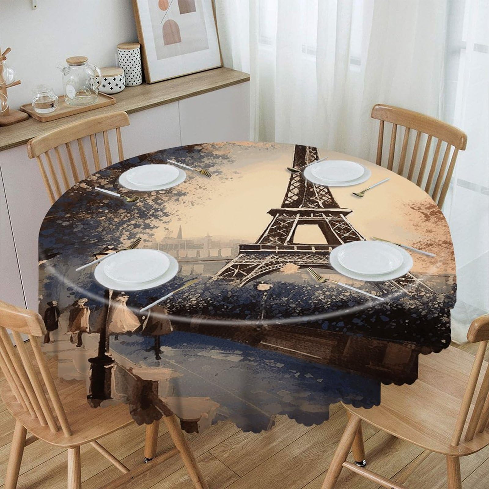 VstaDank Romantic Paris Eiffel Tower Round Tablecloth Premium Polyester Table Cloth Heavy Duty Washable Fabric Tablecloth Waterproof Holiday Table Cover Decorative Tablecloths for Dining 60"
