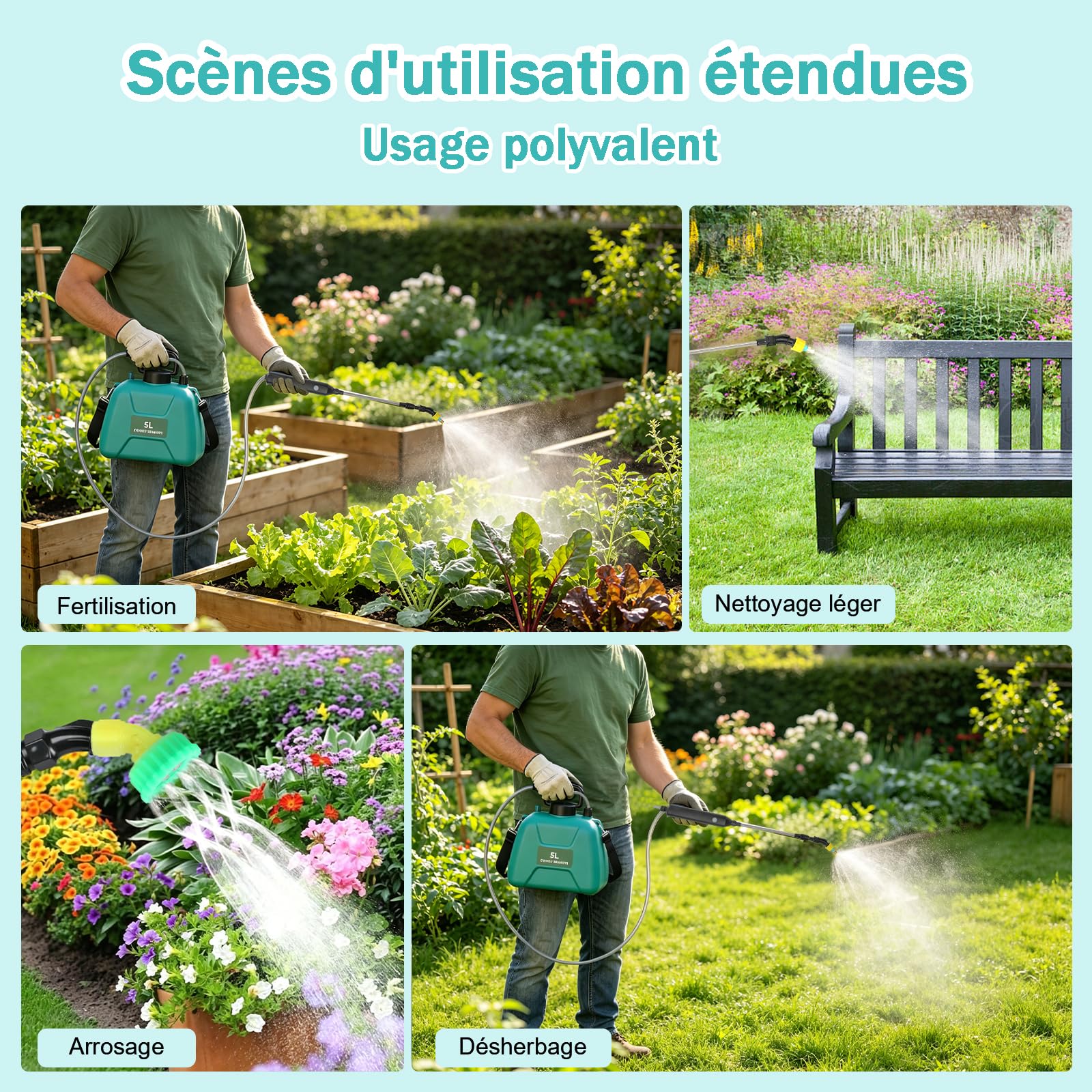 Pulverisateur Electrique 5L,pulvérisateur à Batterie,5 Modes de Pulvérisation et Sangle Réglable,60 cm Perche Pulvérisatrice Télescopique,Recharge USB-C,pour désherbage et fertilisation