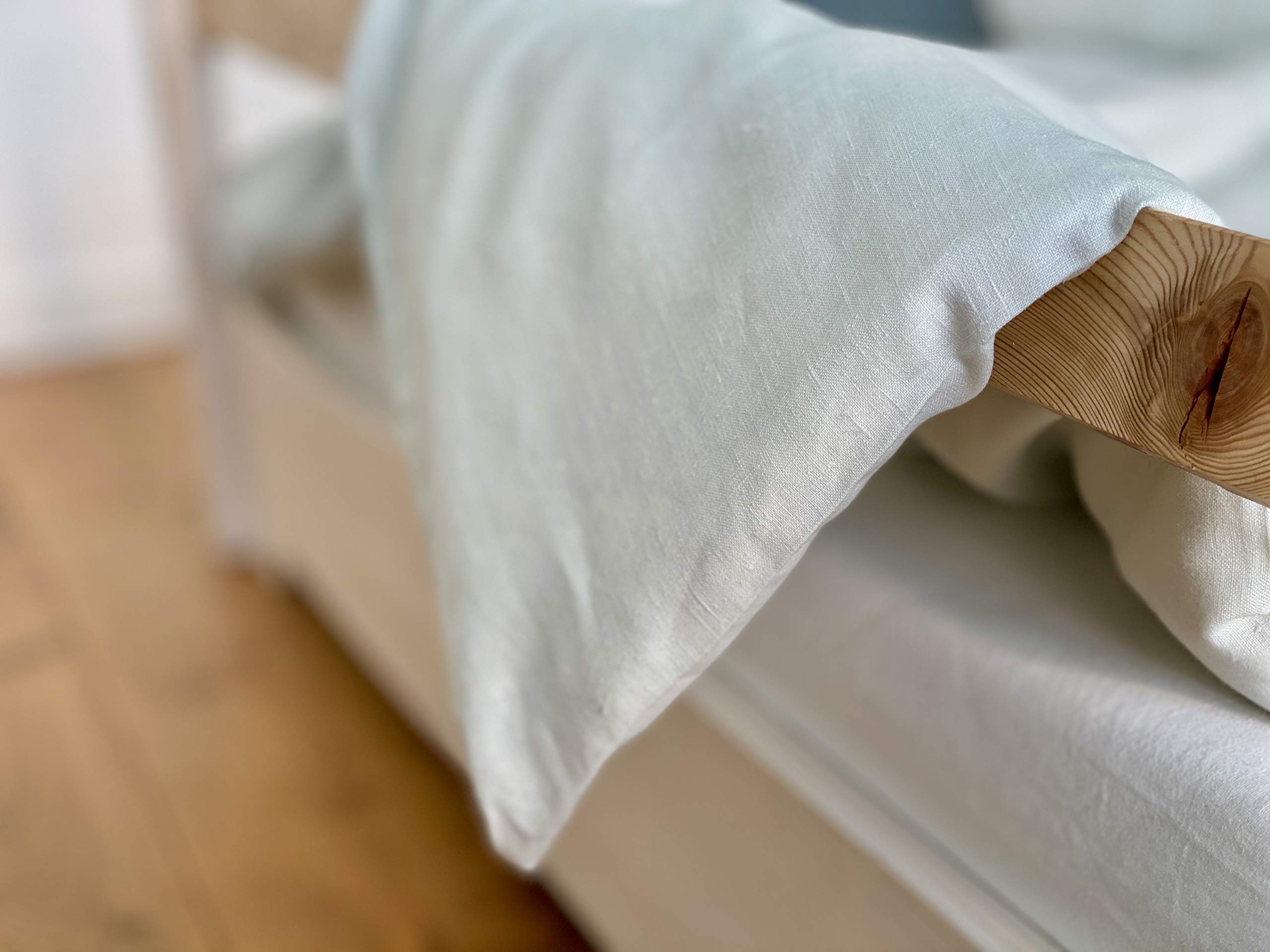 KraftKids Juego de ropa de cama de lino ligero verde y blanco con funda de almohada de 80 x 80 cm y edredón de 140 x 200 cm, funda de edredón de lino, ropa de cama hecha a mano en la UE