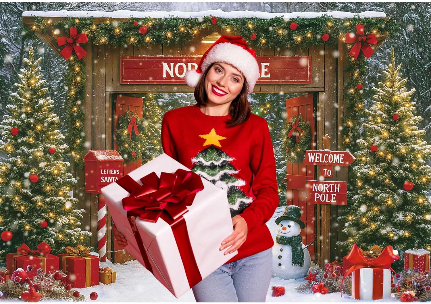 Christmas Photography Backdrop 10x8ft – Rustic Snowy Forest Barn Door with Xmas Tree, North Pole Winter Scene Fabric Photo Background for Family Party, Baby Holiday Photos