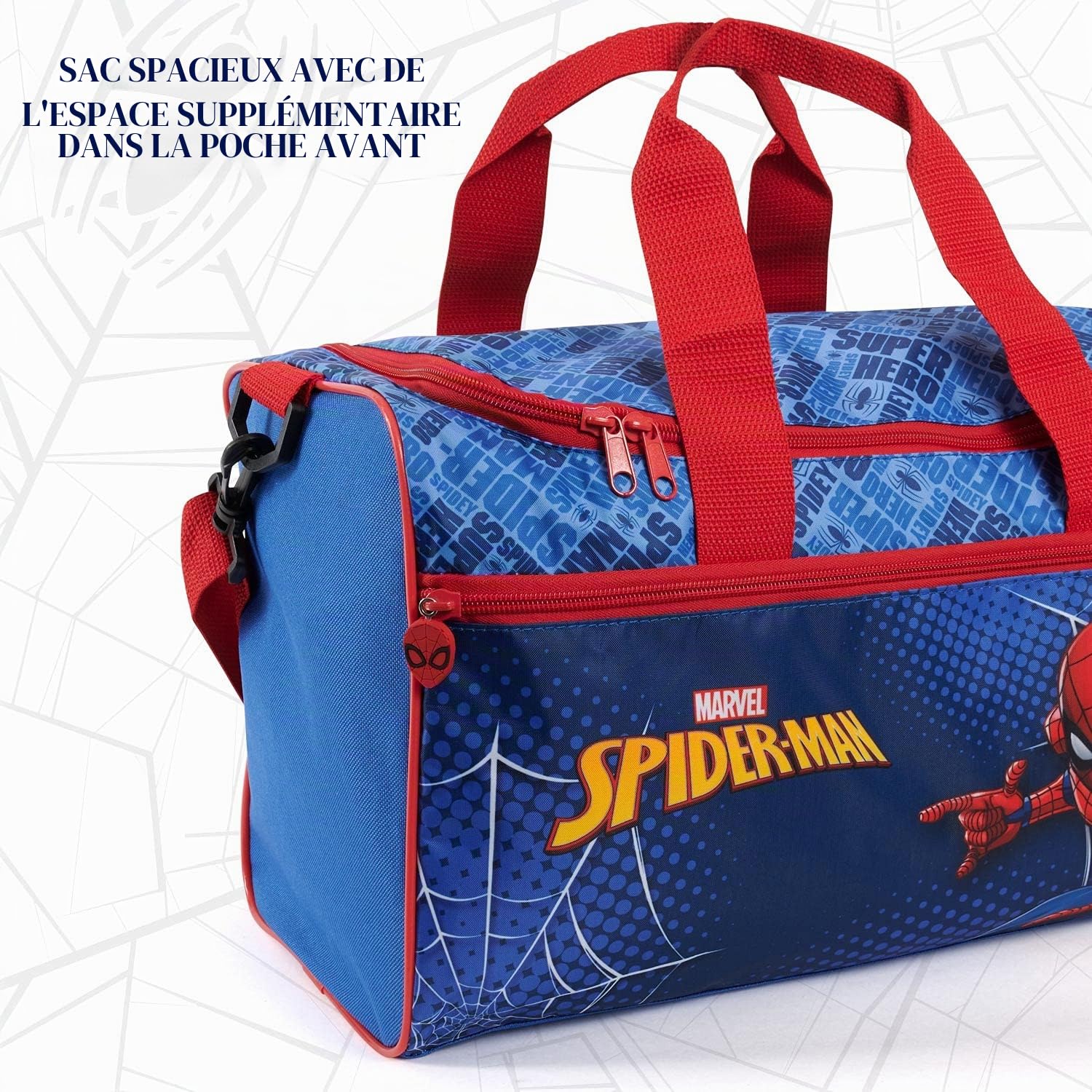 Sac de Sport Homme Araignée Bleu et Rouge pour Enfant - Marvel Spiderman Sac de Voyage à Bandoulière avec Poche Avant - Sac de Gym Spider Man pour Garçon - 35x22.5x15 cm - Perletti