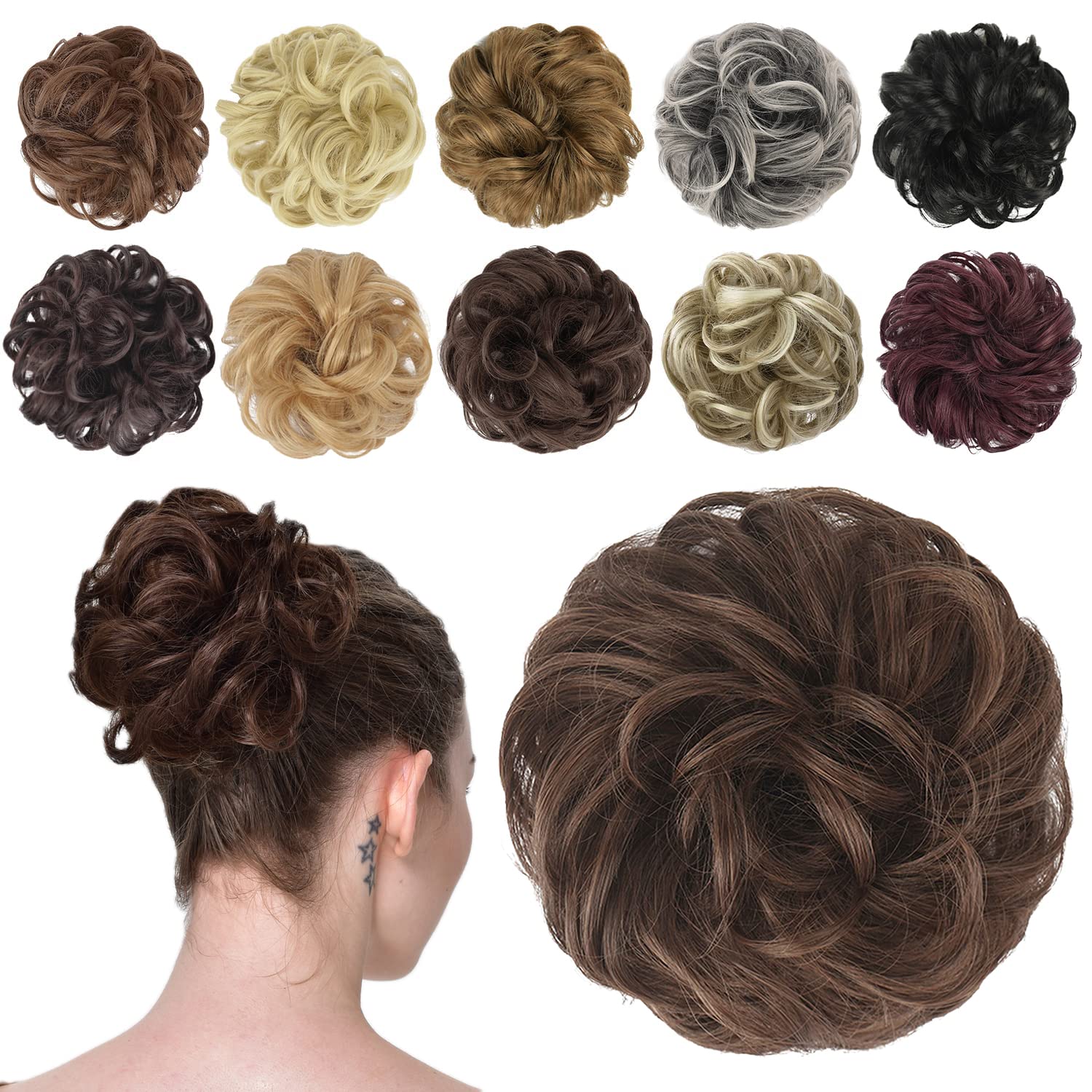 FESHFEN Scrunchy Scrunchie Hair Bun Updo Hair Ribbon Ponytail Extensions Wavy Curly Messy Extensions Donut Hair Chignons Hair Piece - M4/30 Medium Brown & Light Auburn Mixed
