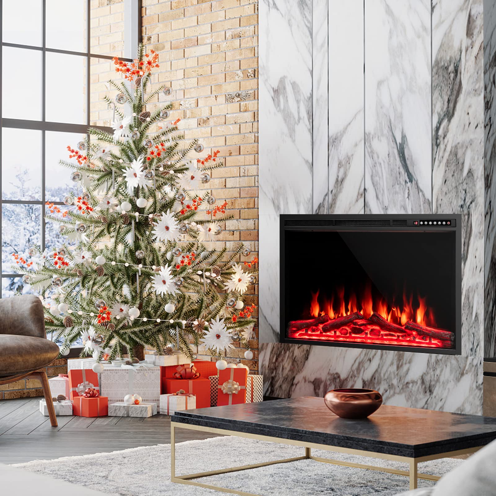 ORALNER Electric Fireplace Insert, 37 Inch Recessed Freestanding Fireplace Heater with Remote & 8H Timer, 4 Colors, 5-Level Brightness, Overheat Protection, for TV Stand, 750W/1500W, Black (37 INCHES)