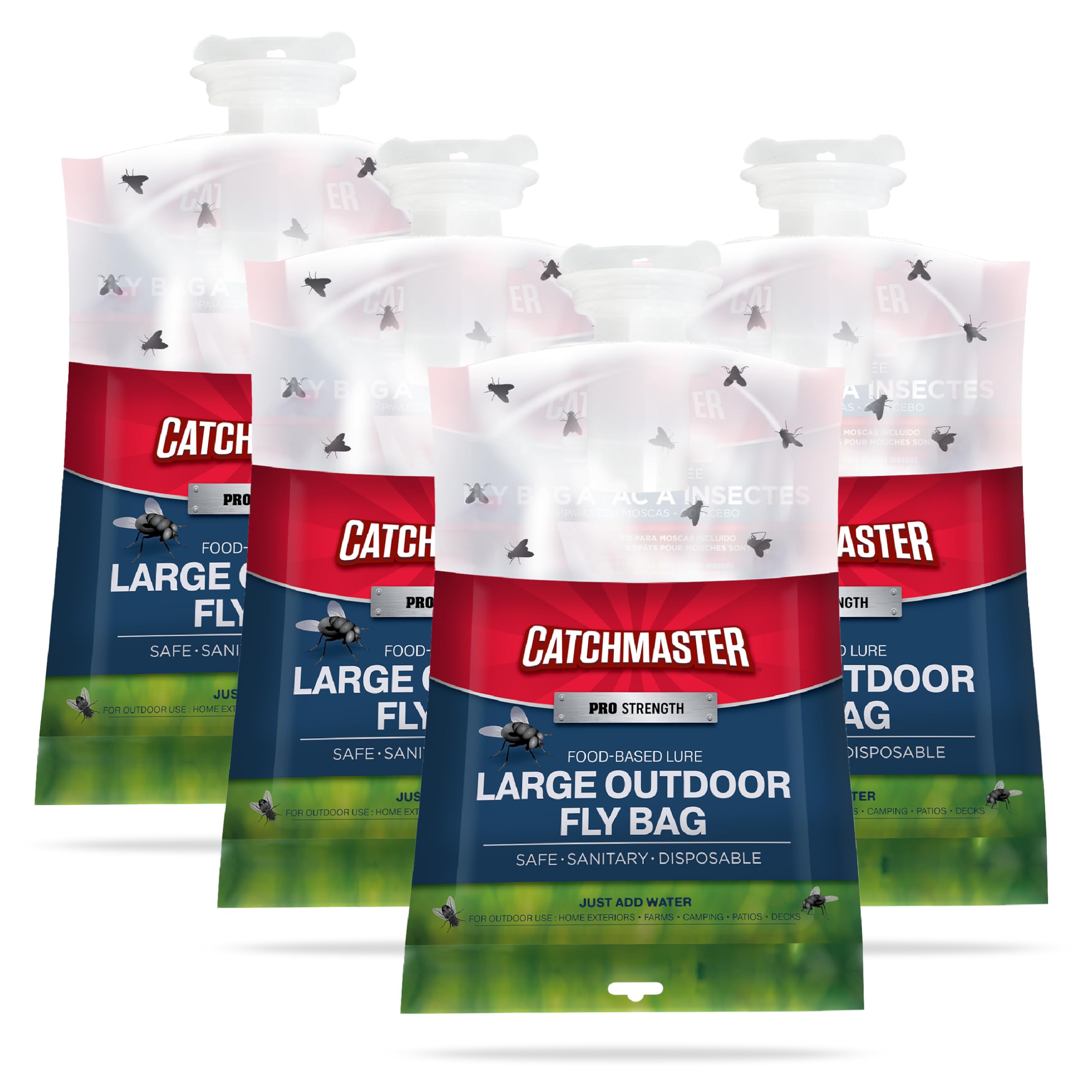 Catchmaster Pro Series Disposable Fly Bag 4-Pack, Hanging Fly Trap Outdoor Home, Bug Catcher and Flying Insect Trap with Premium Food Lure, Pest Control, Big Bag for Backyard, Pool, Patio & Camping