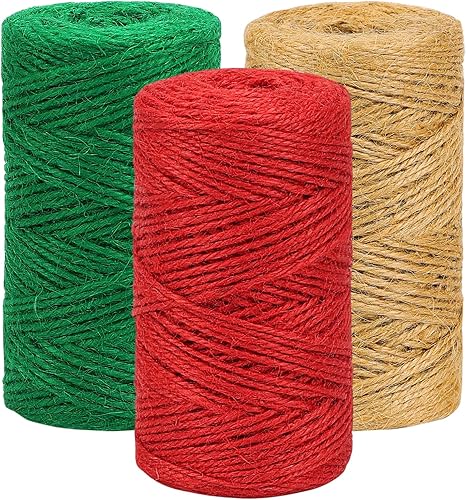 Vivifying - Cuerda de Navidad de 328 pies x 3 rollos, 2 mm, color rojo, verde, marrón, de yute, para envolver regalos y manualidades DIY, cuerda