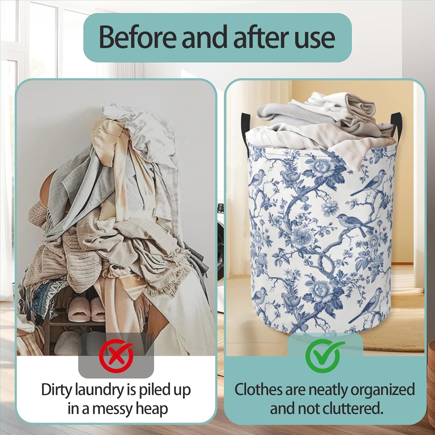 Laundry Hamper Foldable Oxford Cloth Vintage Blue Flower Bird Laundry Basket With Handle Portable Clothes Storage Organizer Basket Storage Bag For Laundry Room/Bedroom/Bathroom