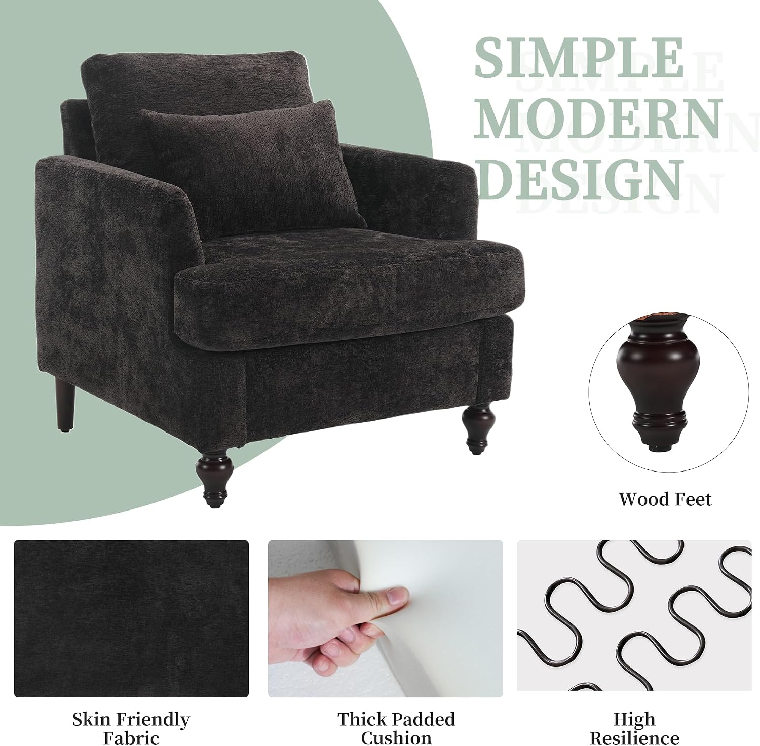 Modern Accent Chair, Living Room Upholstered Chenille Armchair with Waist Pillow, Single Sofa for Living Room, Bedroom, Office, Black