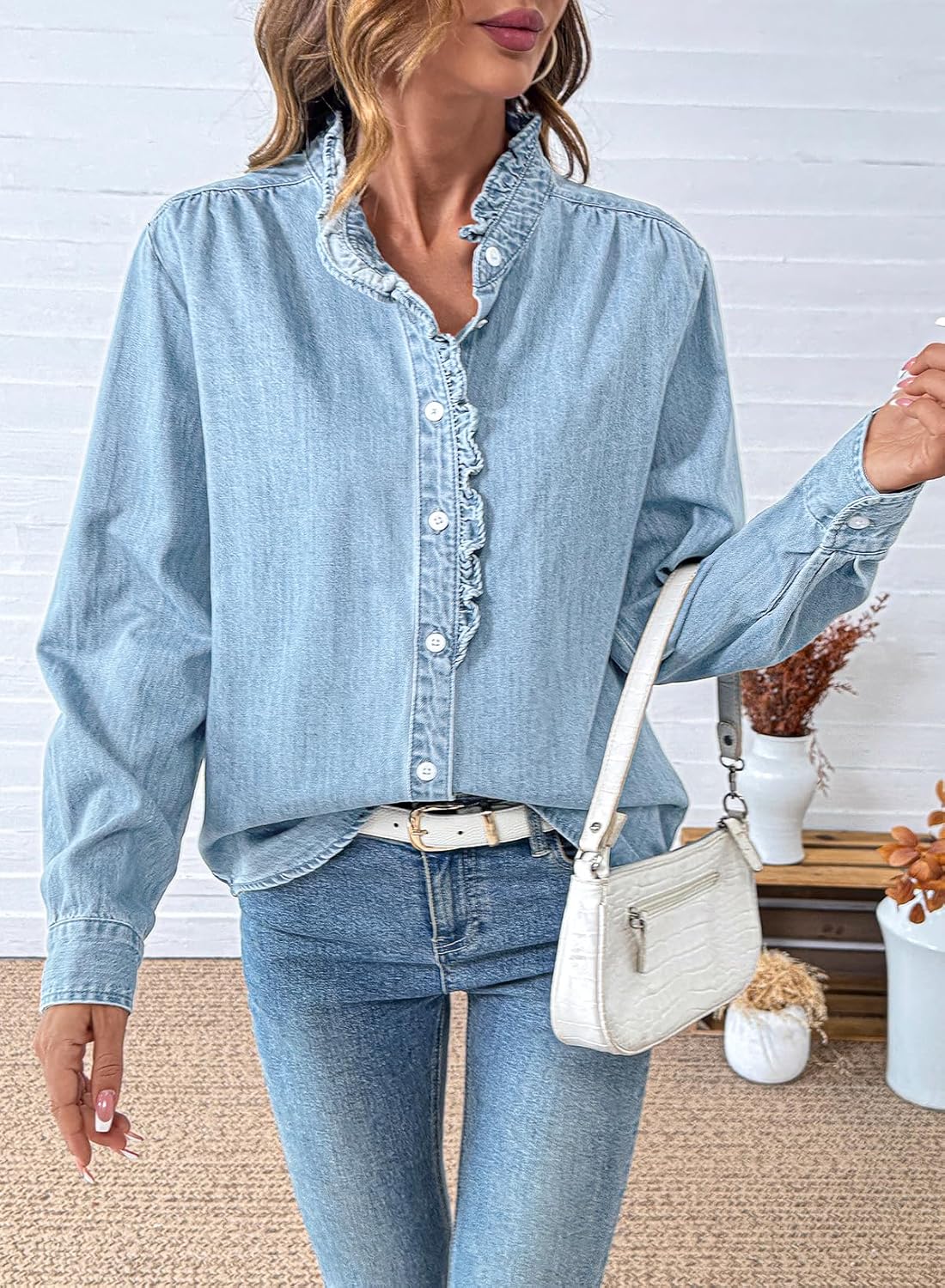 Sidefeel Womens Denim Shirt Button Down Long Sleeve Ruffled Edge Jean Blouses Tops
